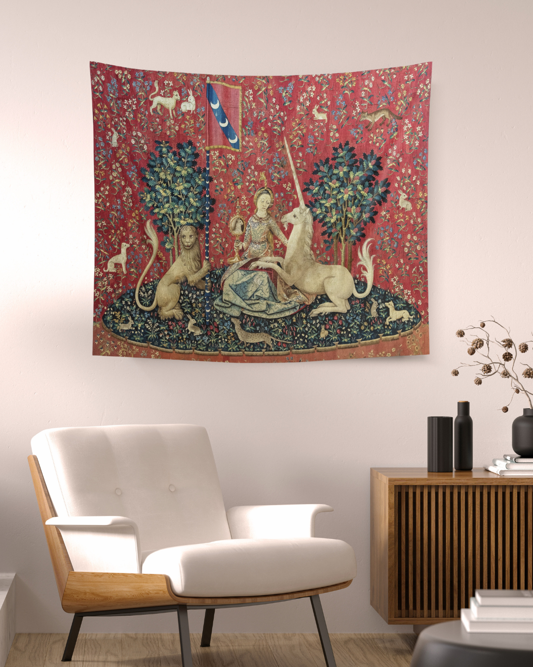 Enchant your home with The Lady and the Unicorn (Sight) Tapestry. This high-quality reproduction adds a magical and historical charm, perfect for any space.