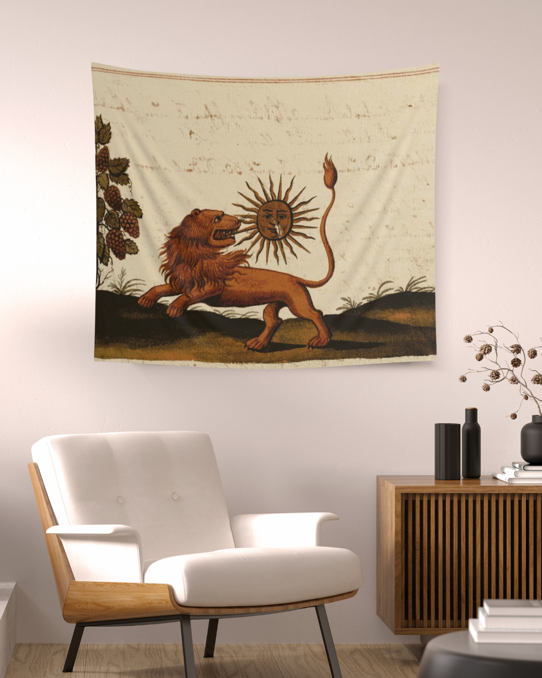 Enhance your space with the mystical Lion Eating the Sun Tapestry from Grim Glitters. Inspired by the Clavis Artis manuscript, this tapestry features a powerful lion devouring the sun, adding esoteric wisdom and medieval artistry to your decor.