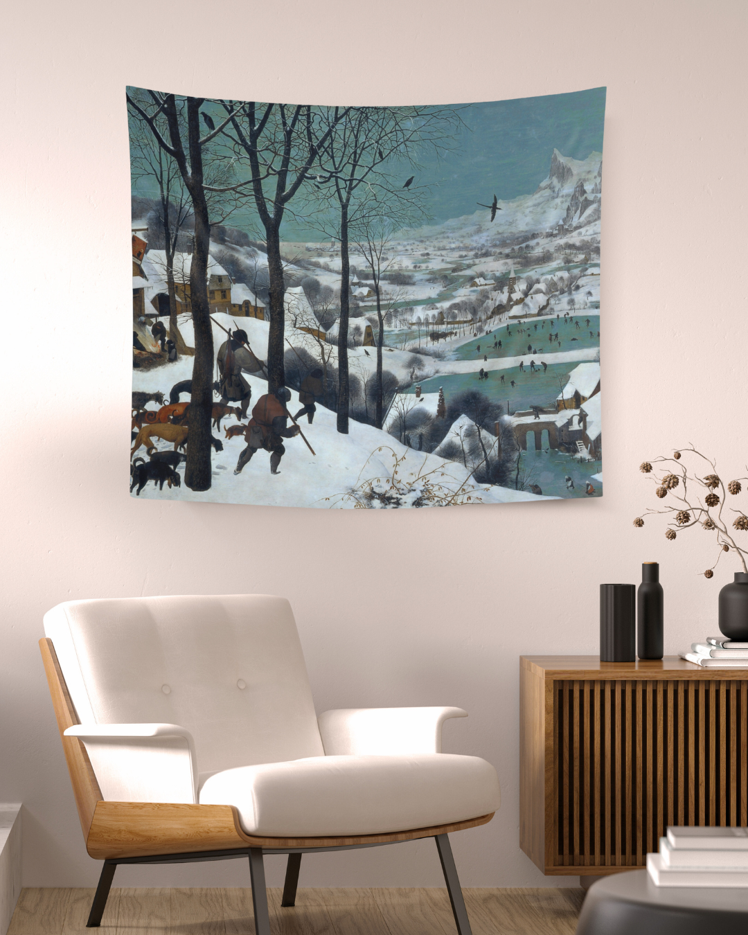 Immerse yourself in Pieter Bruegel the Elder's winter masterpiece with the Hunters in the Snow Tapestry from Grim Glitters. This high-quality polyester tapestry captures the serene beauty of a rustic winter landscape, adding timeless charm to your home de