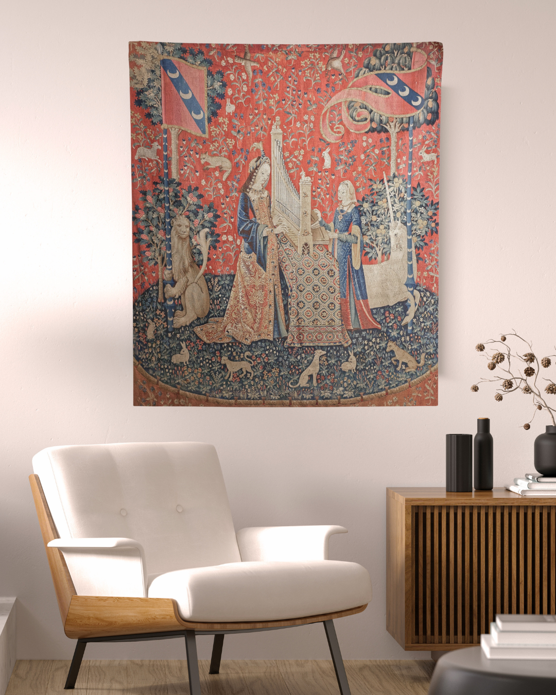 Elevate your decor with The Lady and the Unicorn (Hearing) Tapestry. This exquisite piece captures medieval magic and historical charm, perfect for any living space.