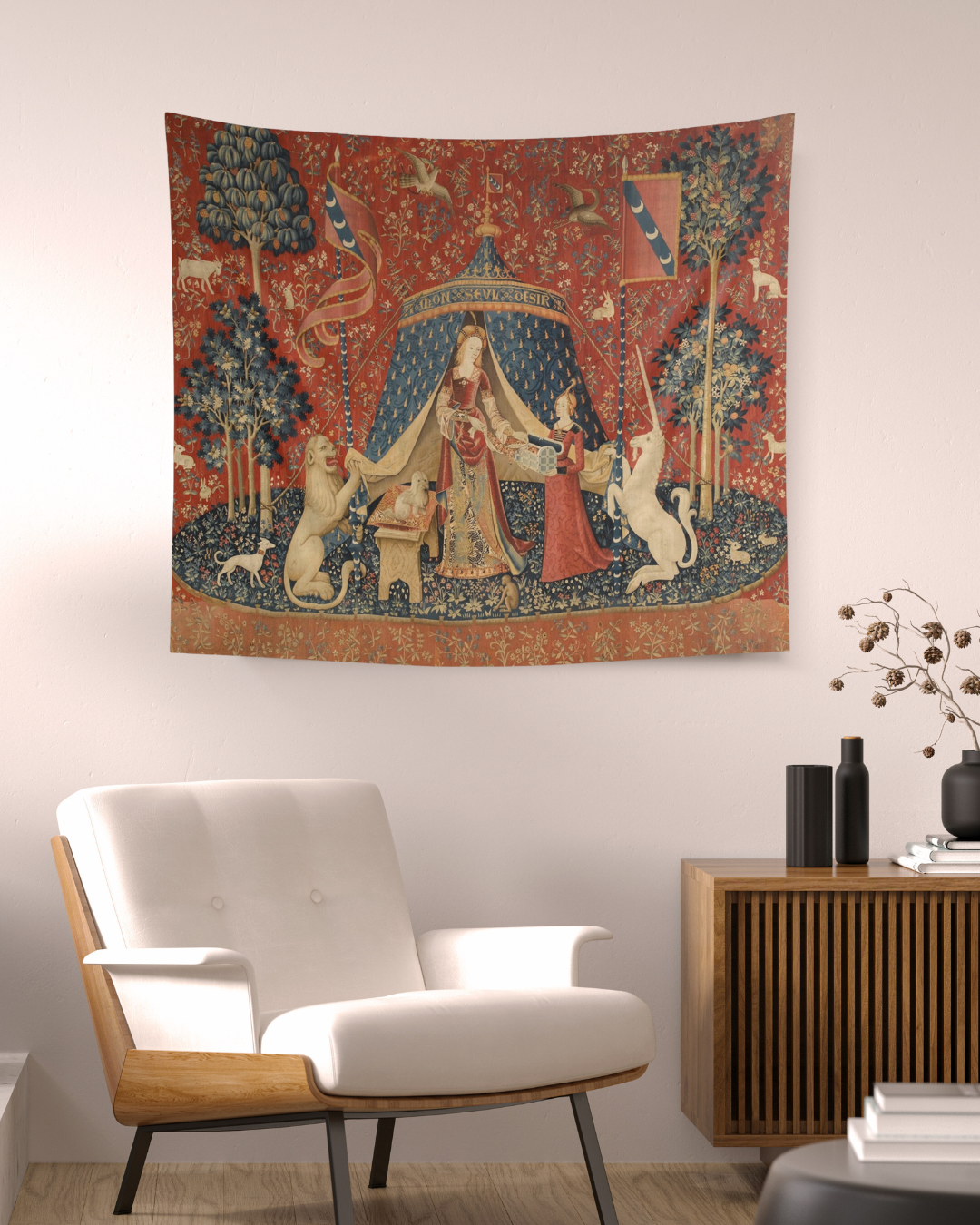 Step into medieval artistry with the Unicorn Tapestry (Desire). This tapestry adds enchantment and charm to any space with vibrant colors and quality fabric.