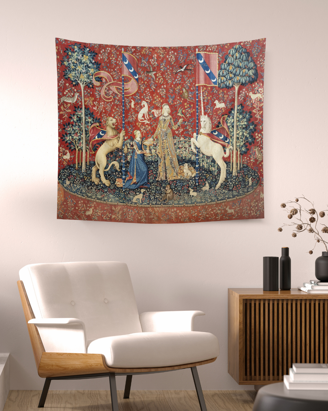 Enhance your space with The Lady and the Unicorn (Taste) Tapestry. This piece brings medieval elegance and charm, perfect for adding a touch of magic.