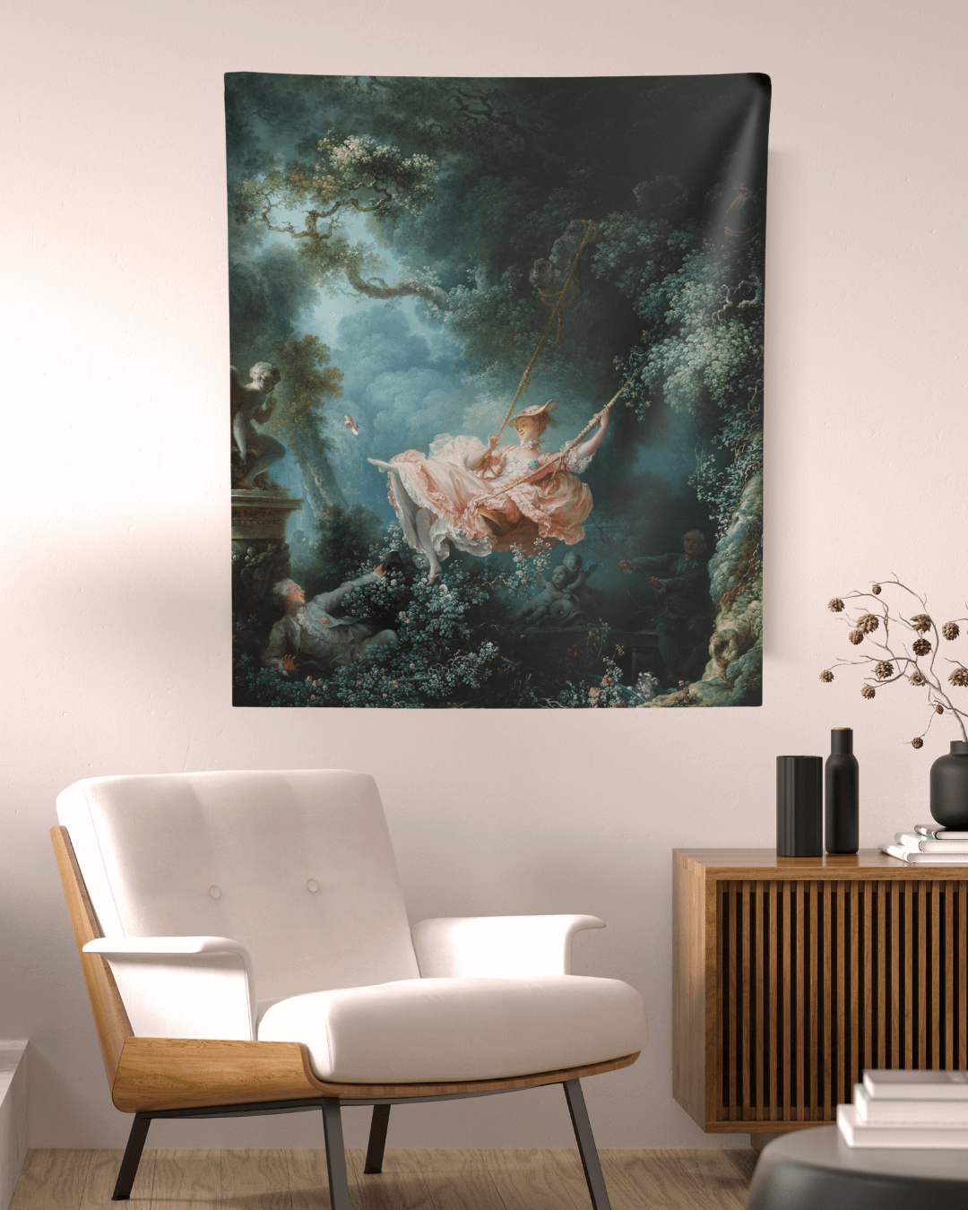 Add elegance to your home with The Swing Tapestry by Jean-Honore Fragonard from Grim Glitters. This Rococo masterpiece captures a playful, romantic scene.