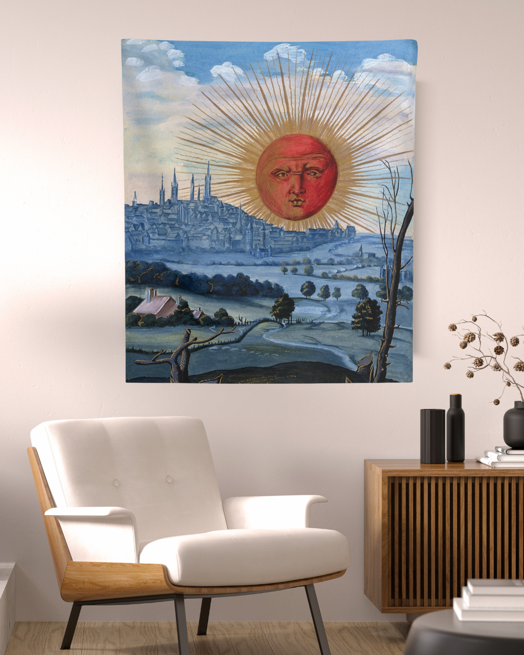 Unveil the mysteries of alchemy with the Splendor Solis Tapestry - A Red Sun Rises from Grim Glitters. This high-quality tapestry captures the vibrant red sun and intricate details of Salomon Trismosin's medieval artwork, adding esoteric elegance to any s