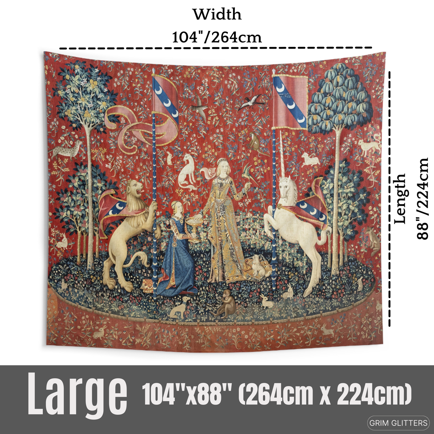 Enhance your space with The Lady and the Unicorn (Taste) Tapestry. This piece brings medieval elegance and charm, perfect for adding a touch of magic.