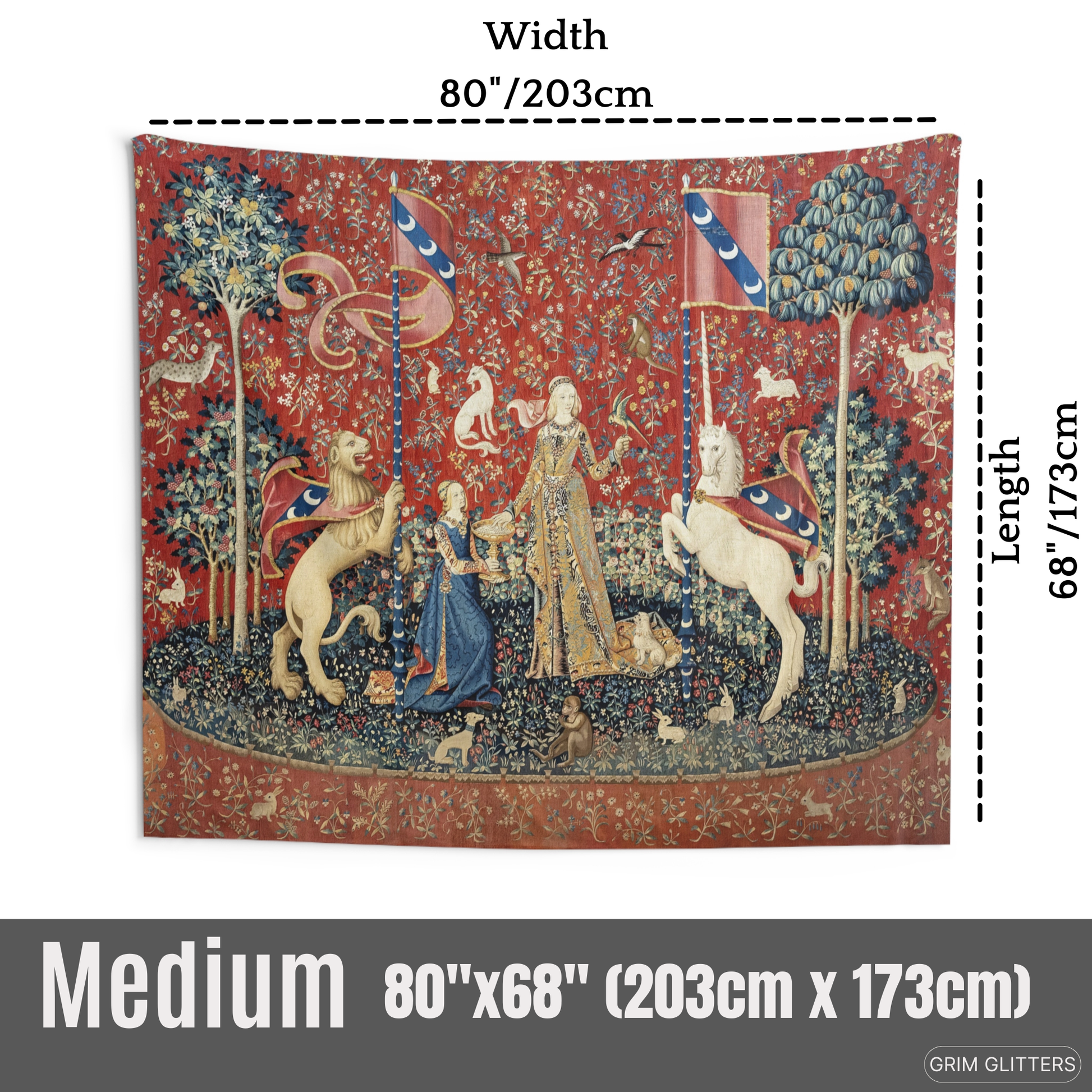 Enhance your space with The Lady and the Unicorn (Taste) Tapestry. This piece brings medieval elegance and charm, perfect for adding a touch of magic.