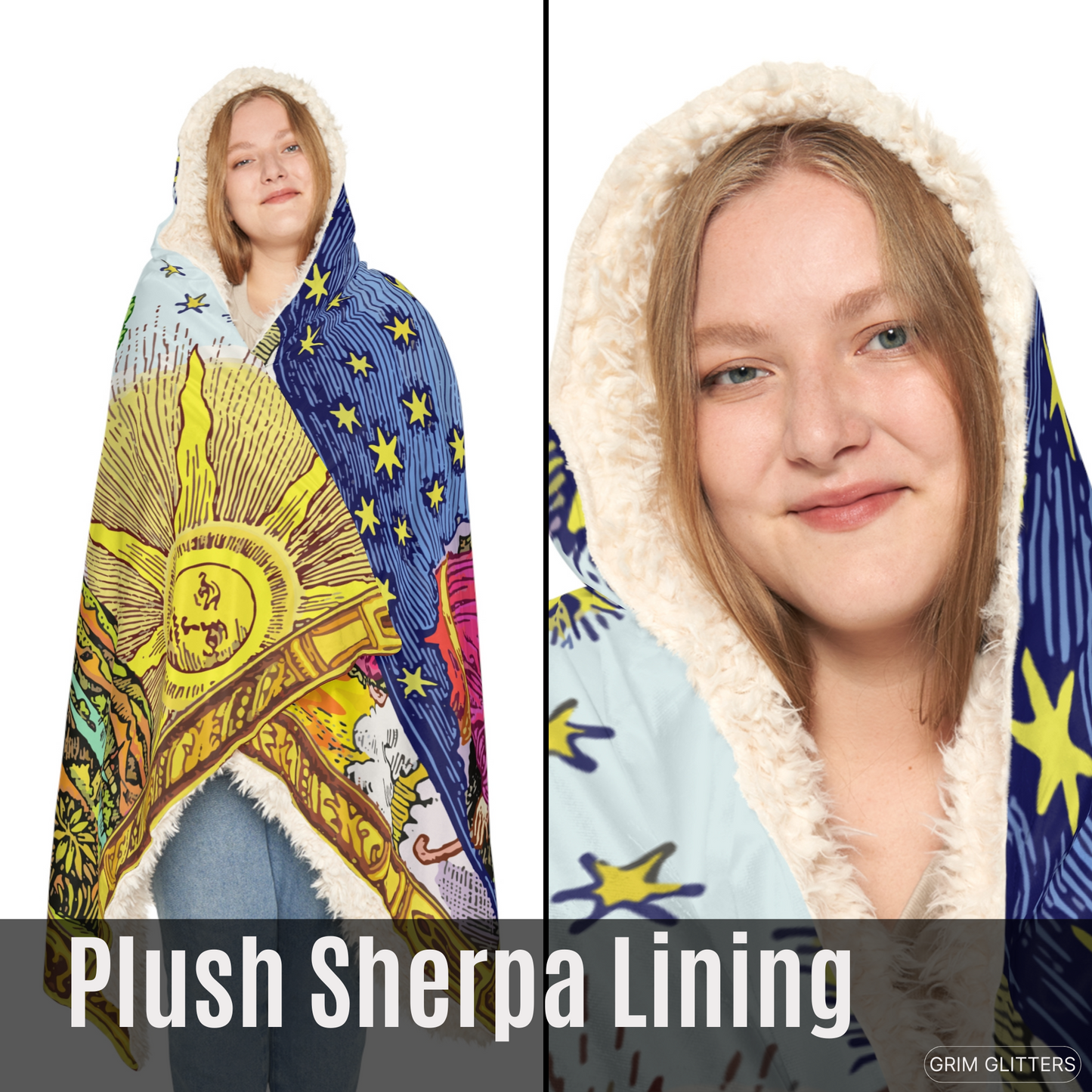 Wrap yourself in celestial wonder with the Flammarion Snuggle Cloak from Grim Glitters. Featuring the iconic 1888 engraving "Universum," this hooded cloak combines cosmic artistry with supreme comfort. Perfect for exploring the mysteries of the universe i