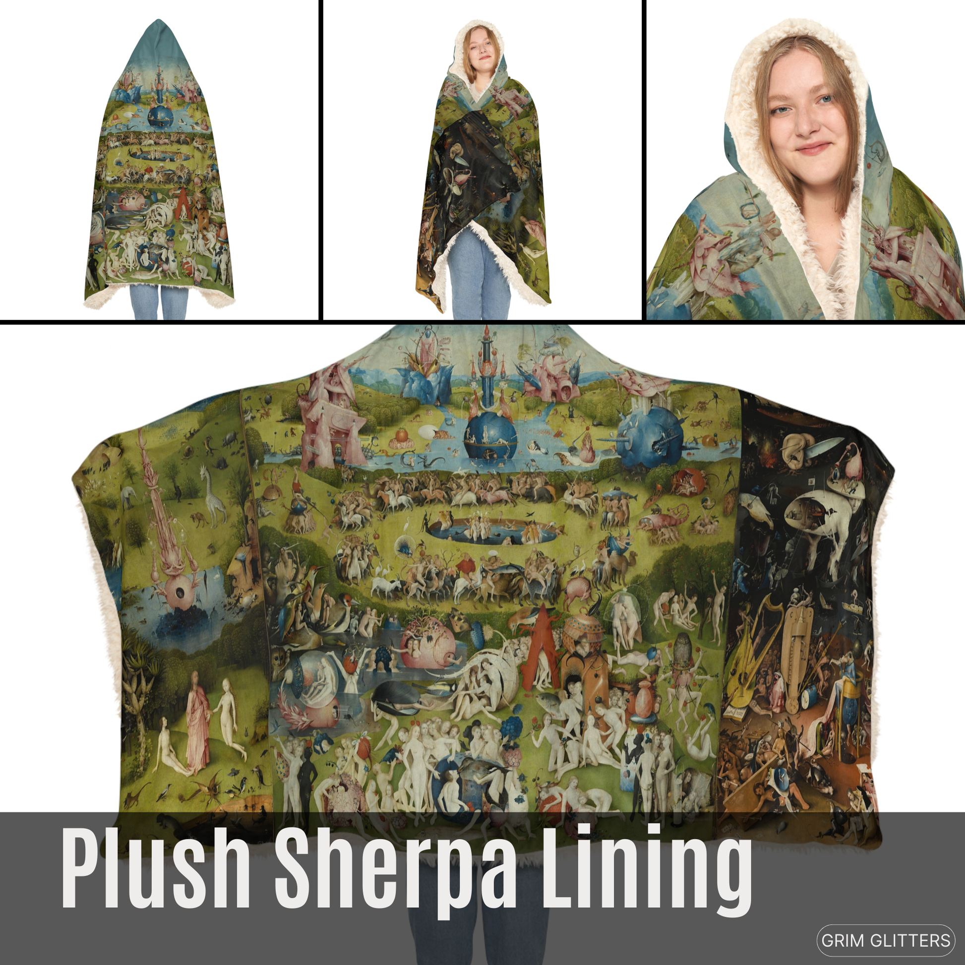 Immerse yourself in Bosch's surreal world with the Triptych Snuggle Cloak. This hooded blanket features the iconic Garden of Earthly Delights triptych.