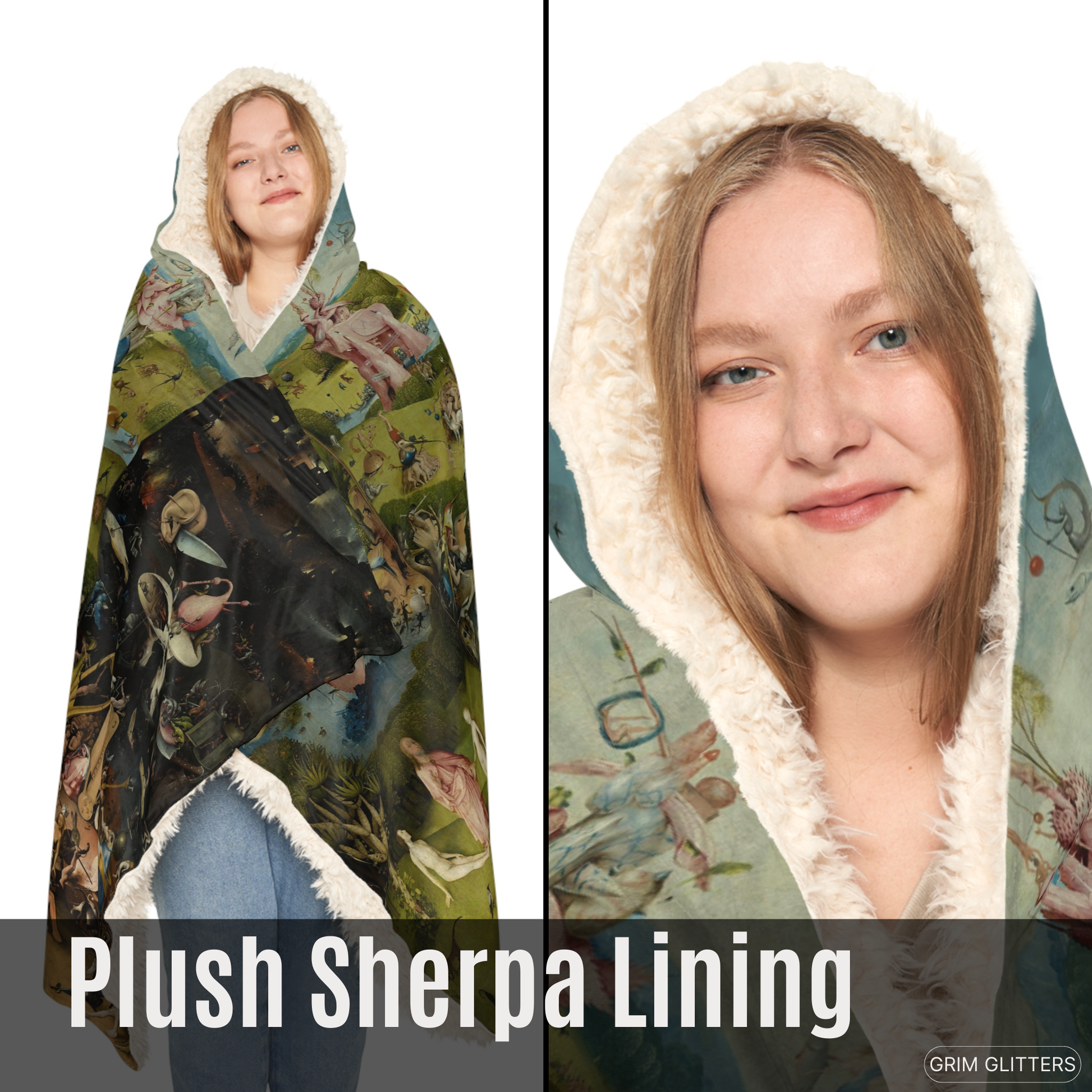 Immerse yourself in Bosch's surreal world with the Triptych Snuggle Cloak. This hooded blanket features the iconic Garden of Earthly Delights triptych.