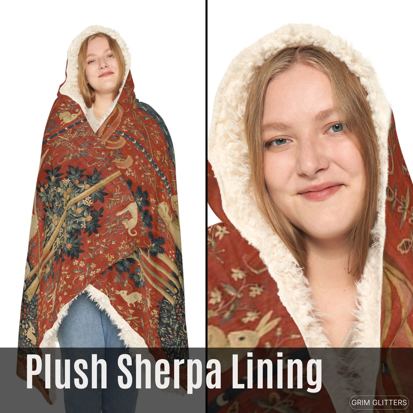 Wrap yourself in the enchanting beauty of The Lady and the Unicorn (Desire) Snuggle Cloak from Grim Glitters. Inspired by the iconic medieval tapestry.