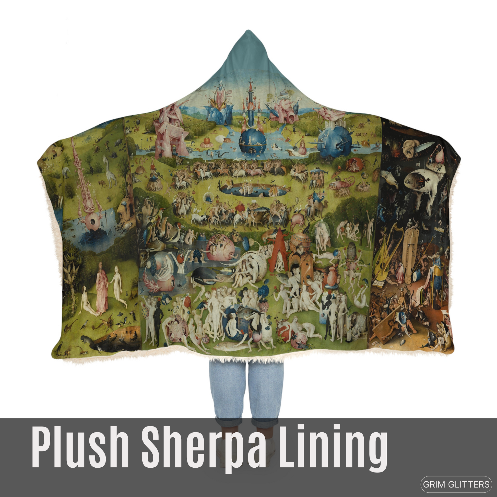 Immerse yourself in Bosch's surreal world with the Triptych Snuggle Cloak. This hooded blanket features the iconic Garden of Earthly Delights triptych.