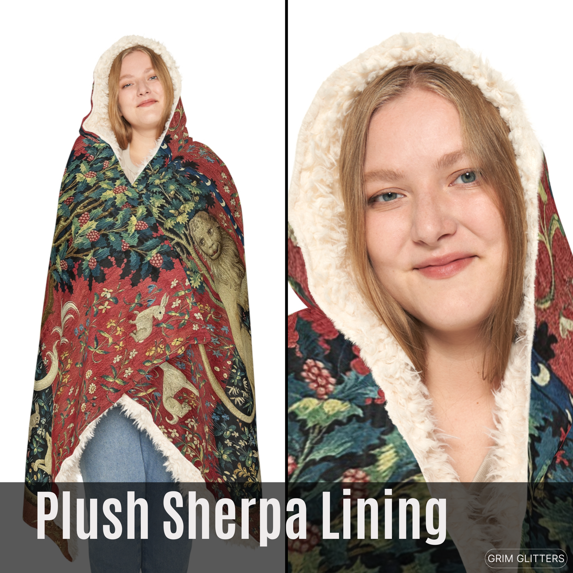 Wrap yourself in medieval elegance with The Lady and the Unicorn (Sight) Snuggle Cloak from Grim Glitters. Inspired by the iconic Unicorn Tapestry.