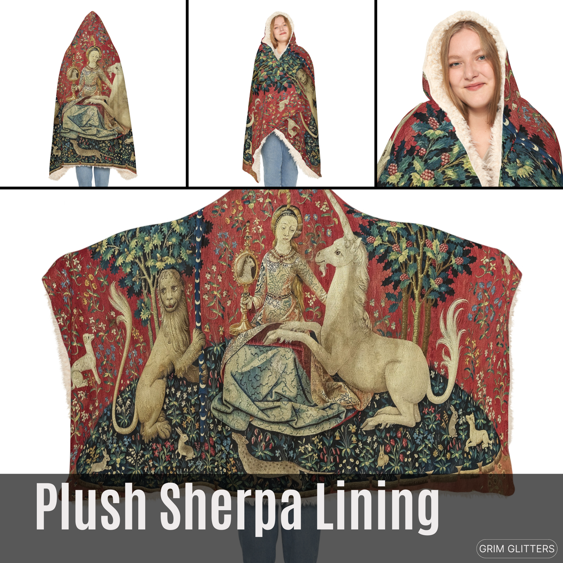 Wrap yourself in medieval elegance with The Lady and the Unicorn (Sight) Snuggle Cloak from Grim Glitters. Inspired by the iconic Unicorn Tapestry.