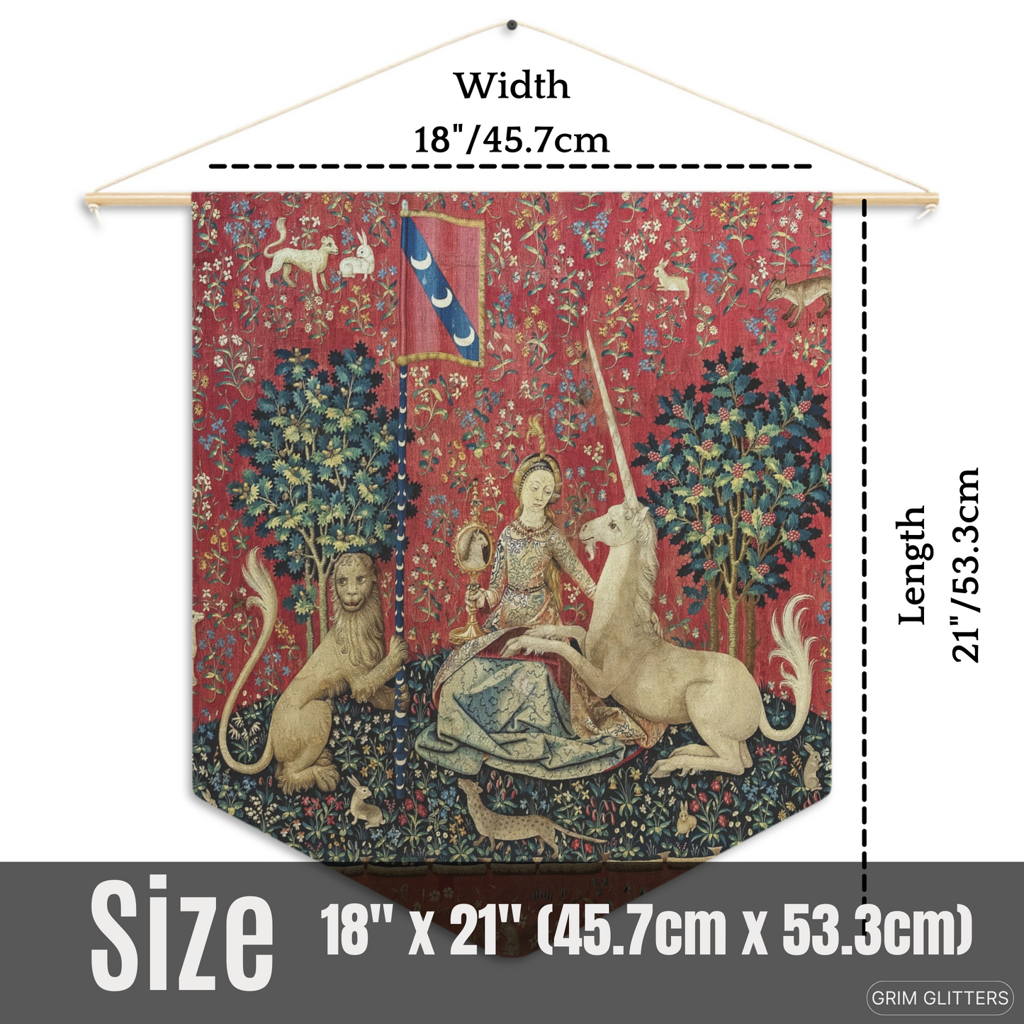 Step into the enchanting world of medieval art with The Lady and the Unicorn (Sight) Pennant Banner from Grim Glitters.