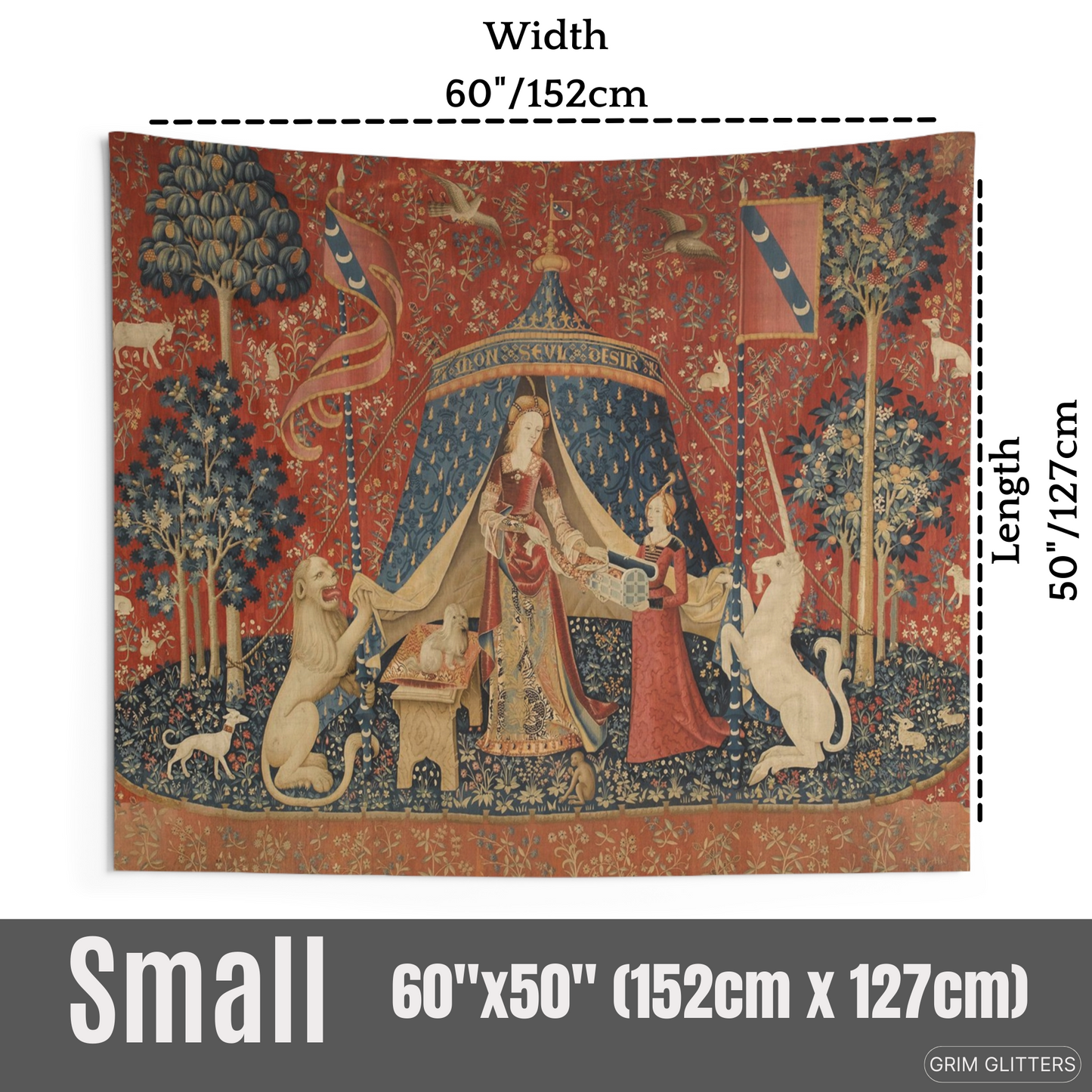 Step into medieval artistry with the Unicorn Tapestry (Desire). This tapestry adds enchantment and charm to any space with vibrant colors and quality fabric.