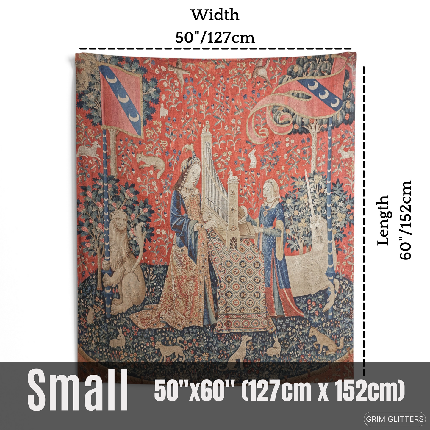 Elevate your decor with The Lady and the Unicorn (Hearing) Tapestry. This exquisite piece captures medieval magic and historical charm, perfect for any living space.