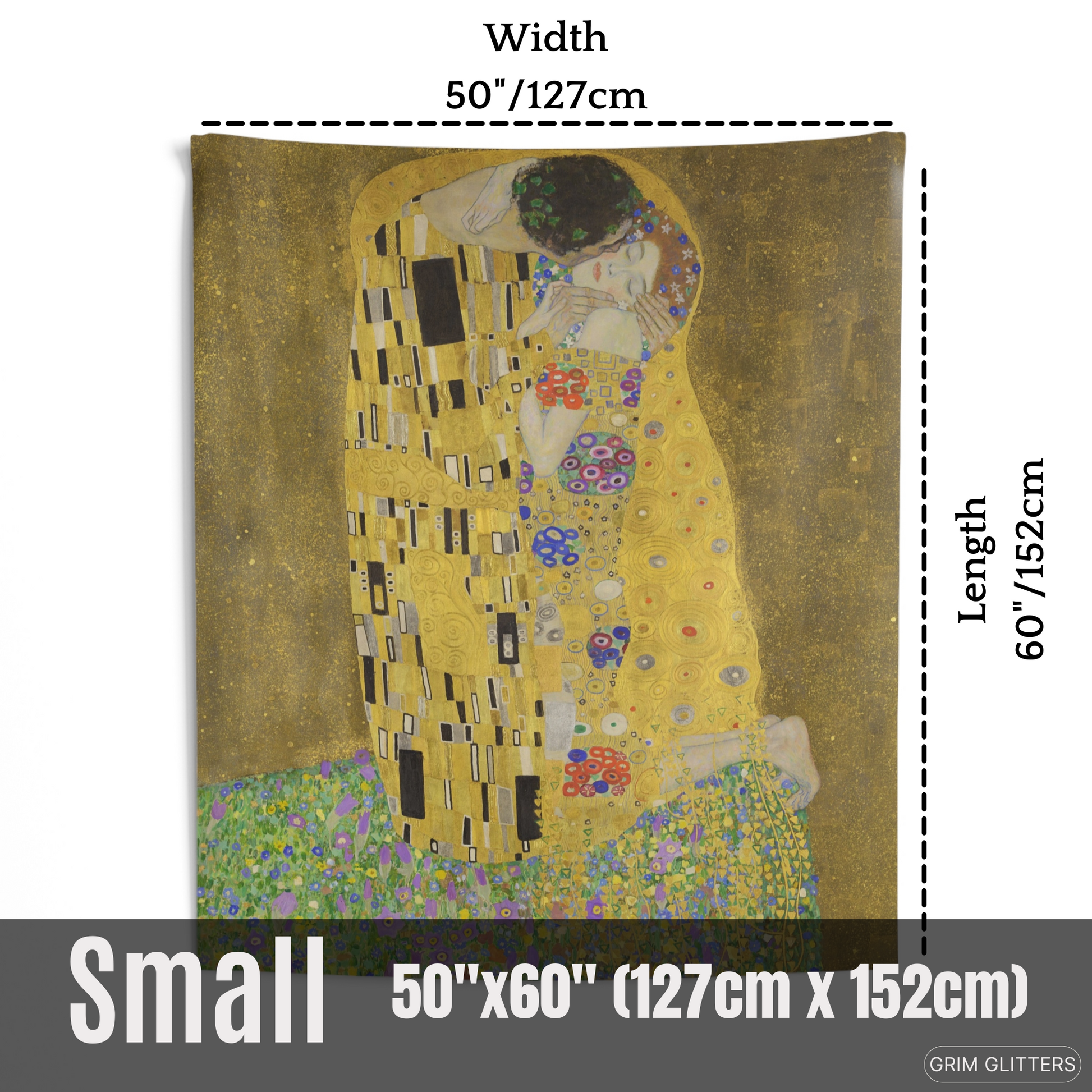 Experience the romantic elegance of Gustav Klimt's "The Kiss" with this exquisite tapestry from Grim Glitters. This high-quality reproduction captures the intricate details and timeless beauty of Klimt's iconic painting, perfect for adding a touch of love