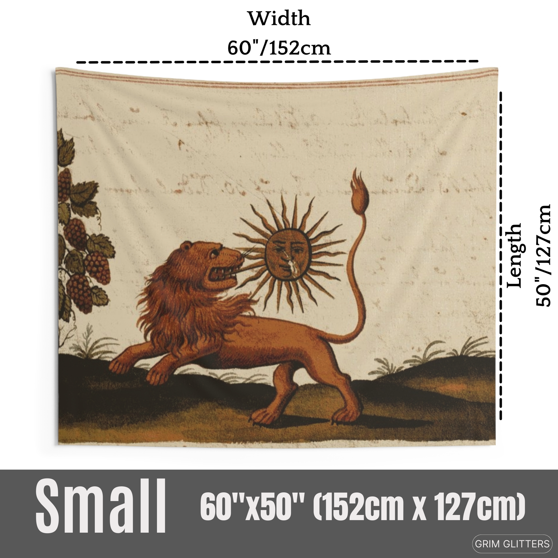 Enhance your space with the mystical Lion Eating the Sun Tapestry from Grim Glitters. Inspired by the Clavis Artis manuscript, this tapestry features a powerful lion devouring the sun, adding esoteric wisdom and medieval artistry to your decor.