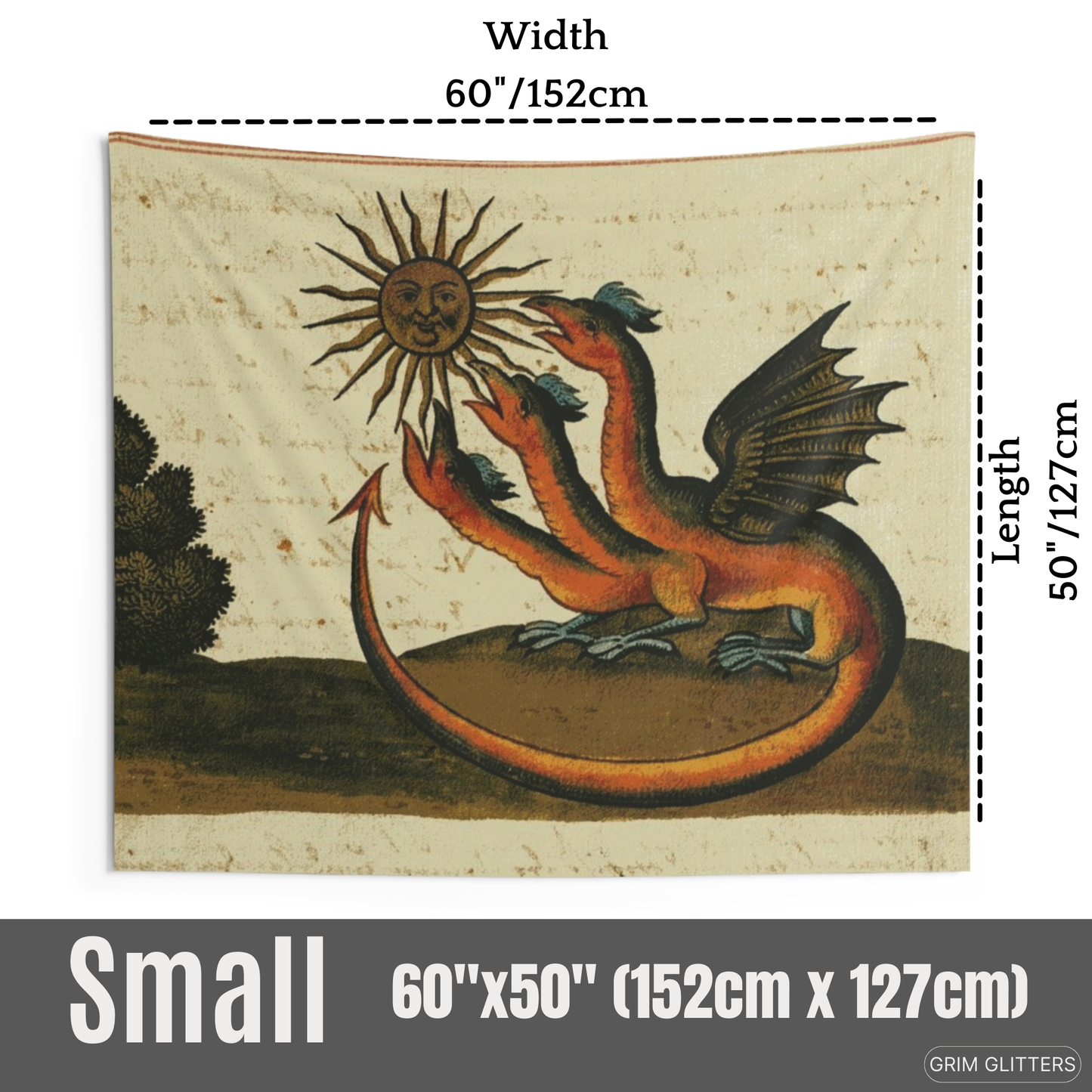 Transform your living space with the mystical charm of the Three-Headed Dragon Tapestry from Grim Glitters. Inspired by the Clavis Artis manuscript, this tapestry features a powerful three-headed dragon, bringing esoteric wisdom and medieval artistry to y