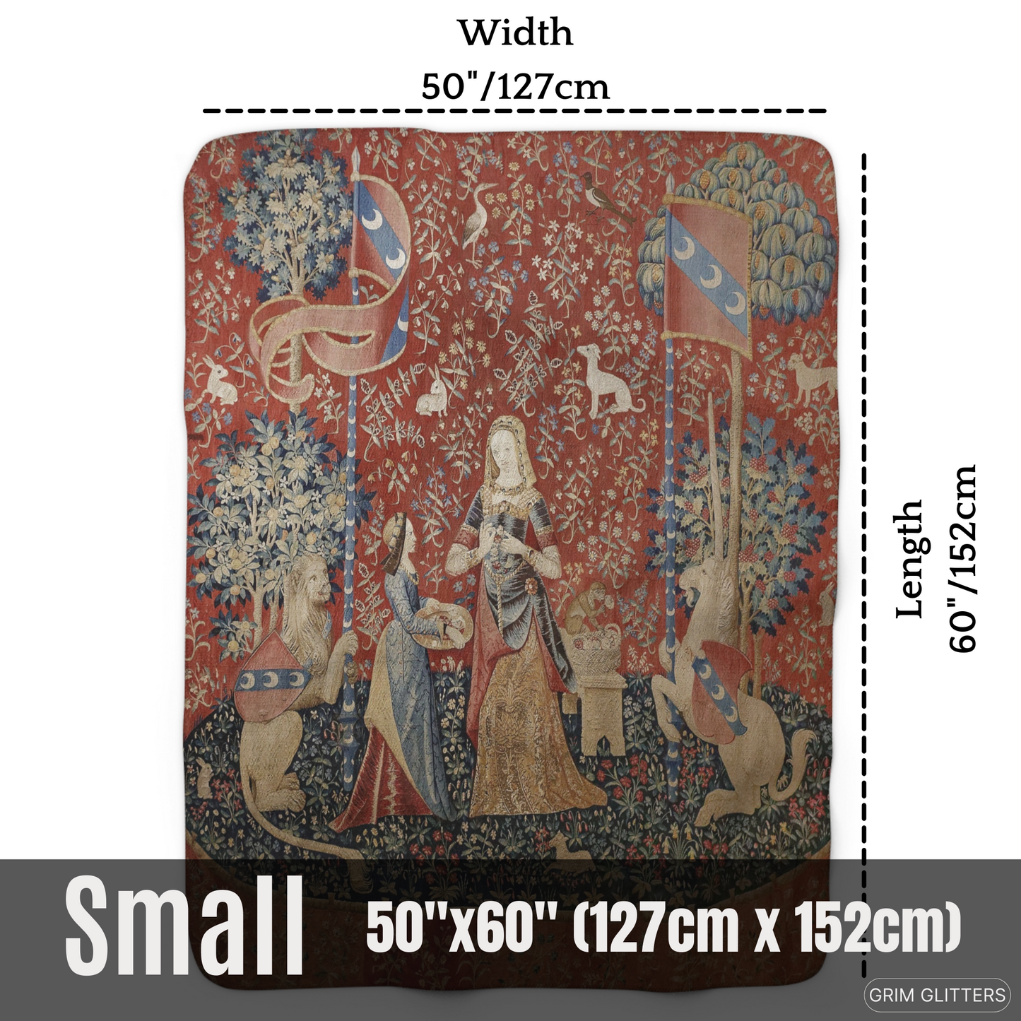 Wrap yourself in the enchanting beauty of medieval artistry with The Lady and the Unicorn (Smell) Sherpa Fleece Blanket from Grim Glitters.