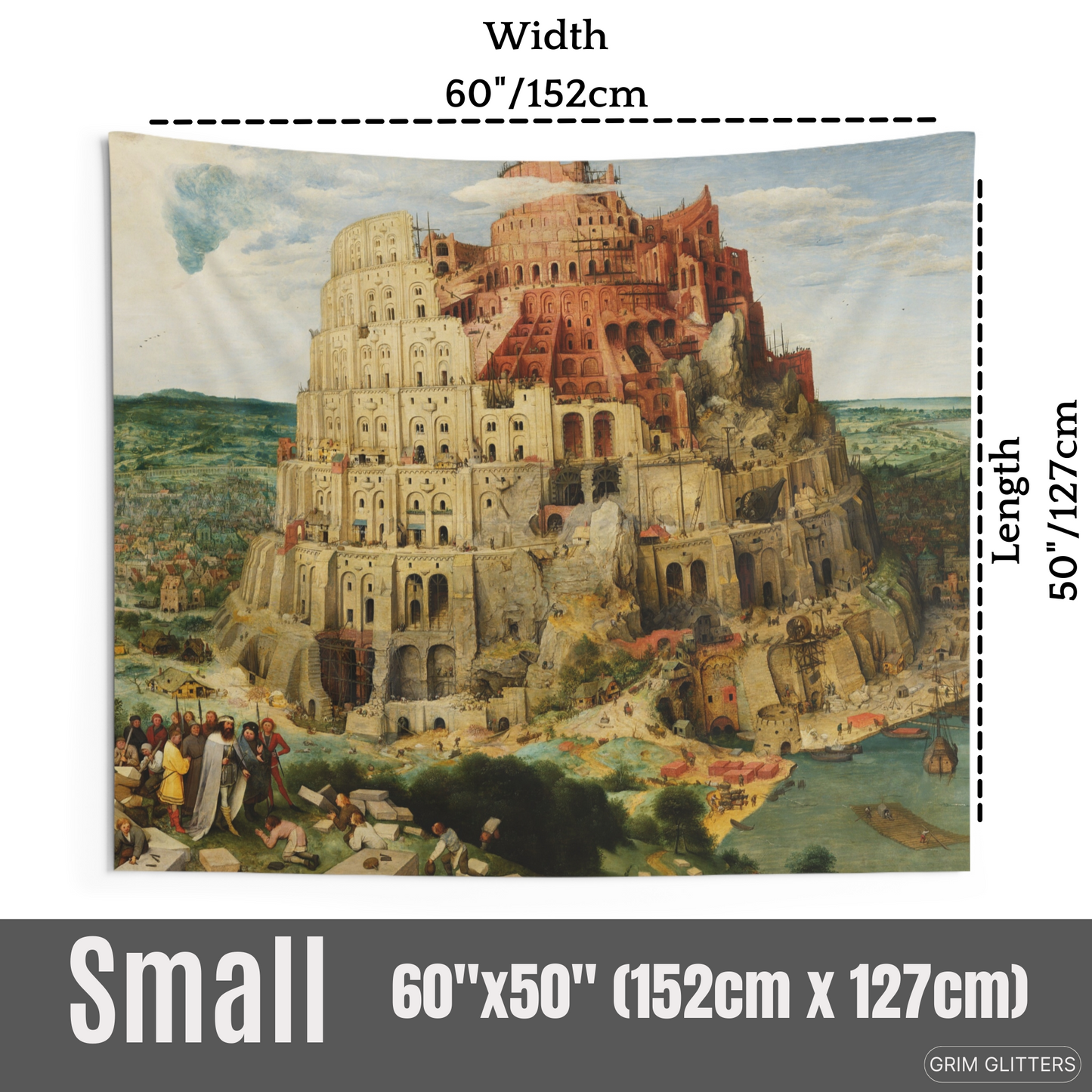 Step into the mesmerizing world of medieval art with the Tower of Babel Tapestry from Grim Glitters. Inspired by Pieter Bruegel the Elder's masterpiece, this tapestry captures the iconic biblical scene with intricate details and vibrant colors, perfect fo