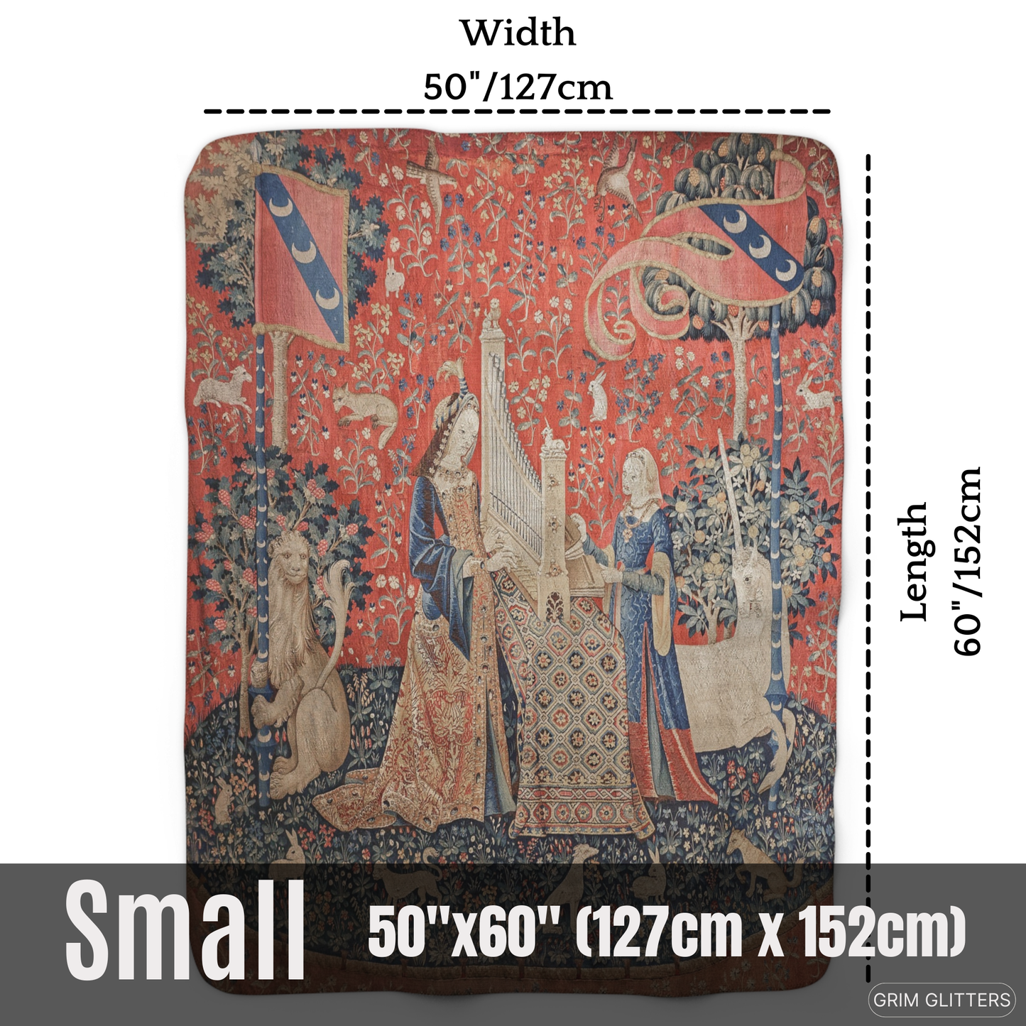 Wrap yourself in the enchanting beauty of medieval art with The Lady and the Unicorn (Hearing) Sherpa Fleece Blanket from Grim Glitters.