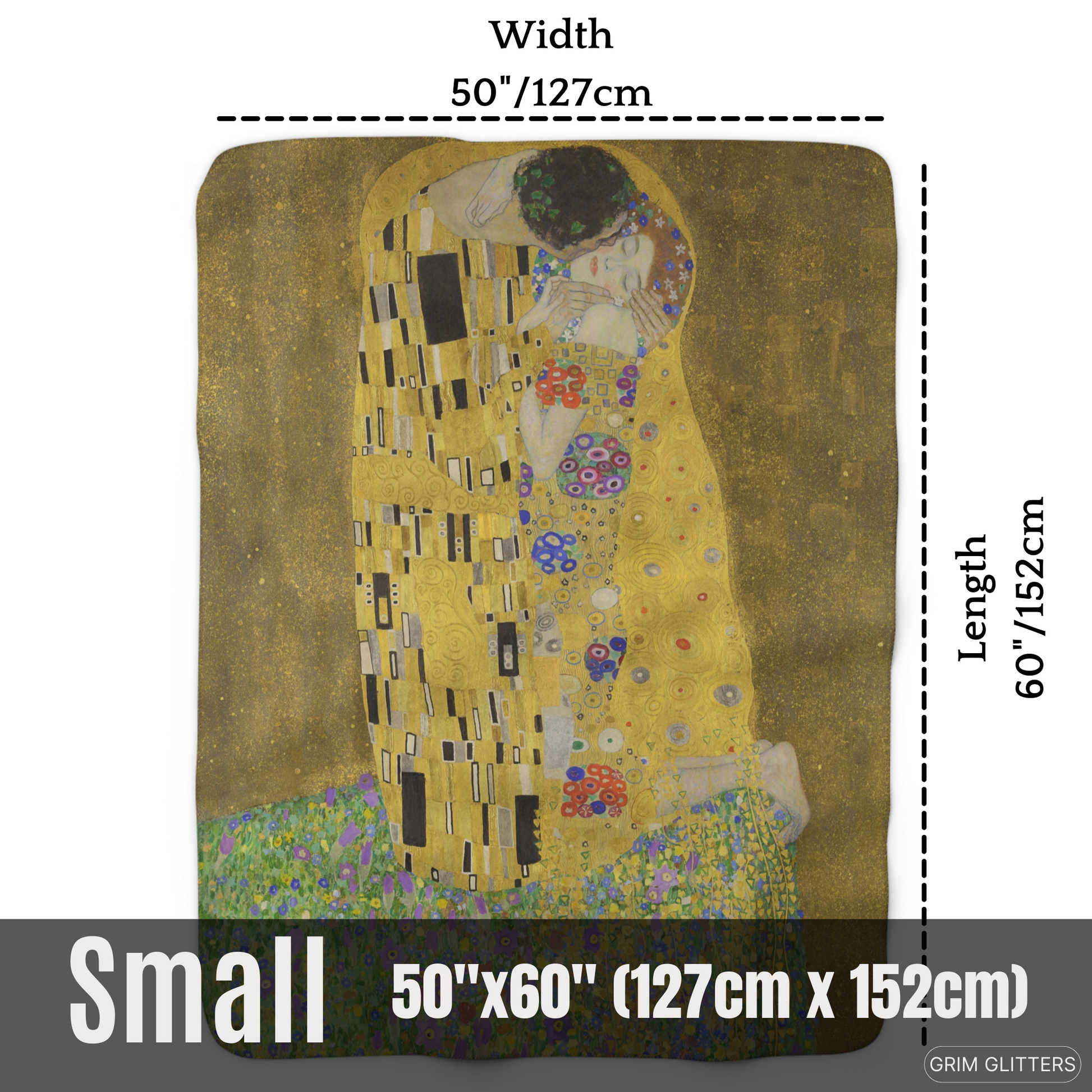 Wrap yourself in the timeless beauty of Gustav Klimt's "The Kiss" with this luxurious sherpa fleece blanket from Grim Glitters. Crafted for comfort and warmth.