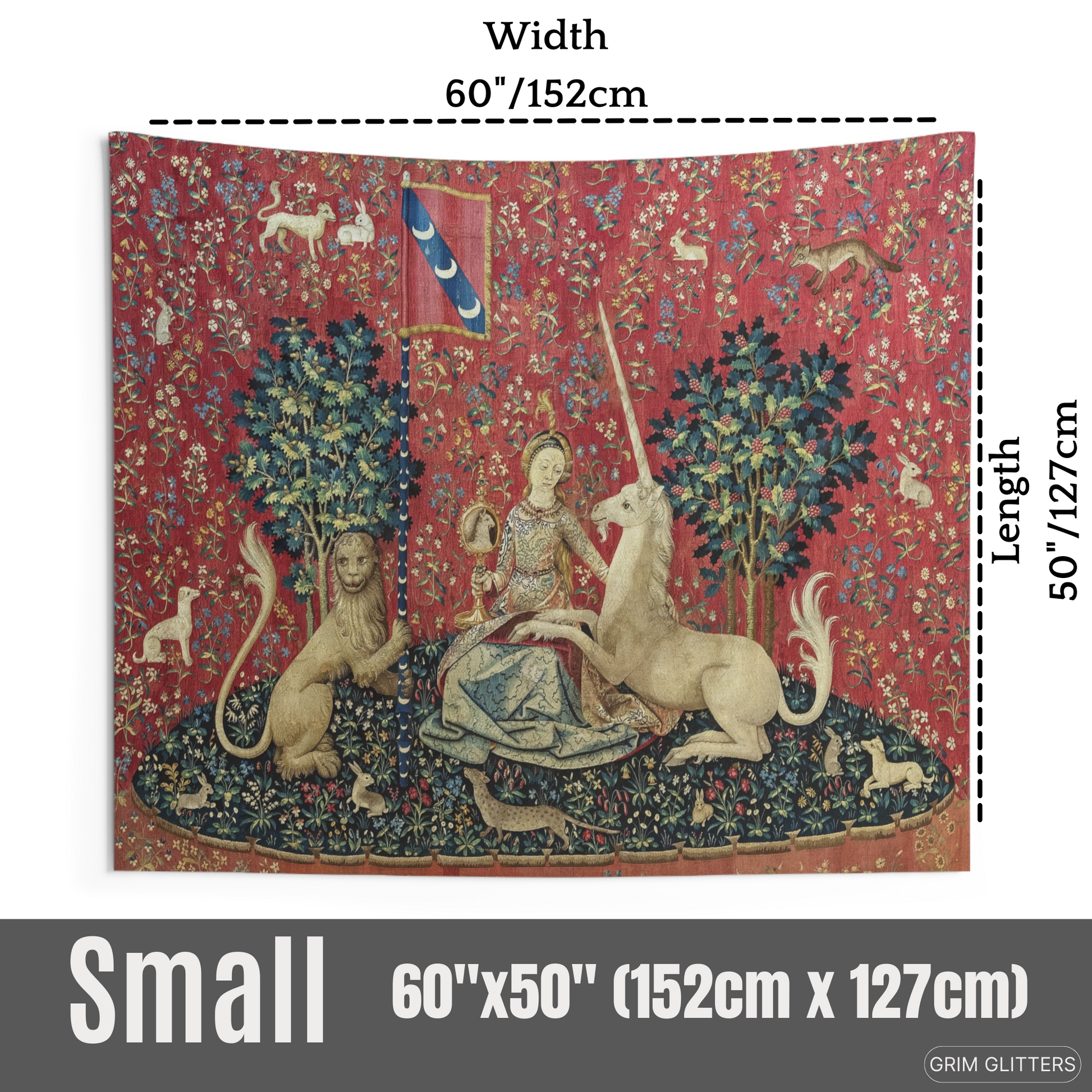 Enchant your home with The Lady and the Unicorn (Sight) Tapestry. This high-quality reproduction adds a magical and historical charm, perfect for any space.