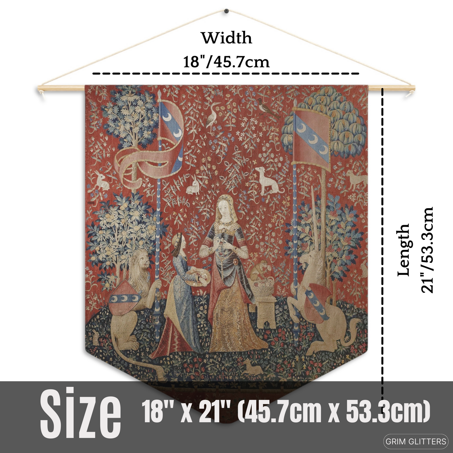 Step into the enchanting world of medieval art with The Lady and the Unicorn (Smell) Pennant Banner from Grim Glitters. This exquisite banner captures the essence of mystery and magic, perfect for adding a touch of historical charm to any space.