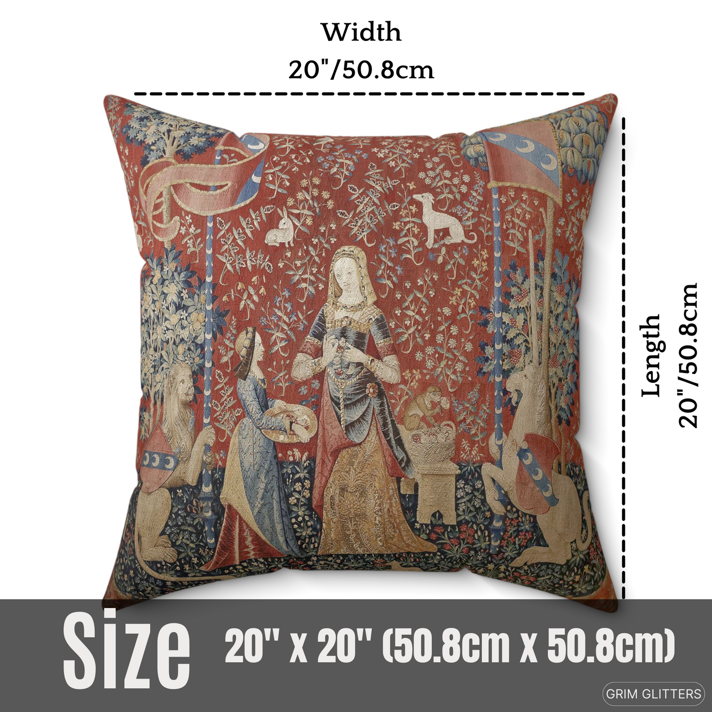 Elevate your home decor with the enchanting Lady and the Unicorn (Smell) Square Pillow from Grim Glitters. Inspired by the iconic Unicorn Tapestry, this pillow brings historical charm and mystical allure to any room, combining detailed medieval art with m