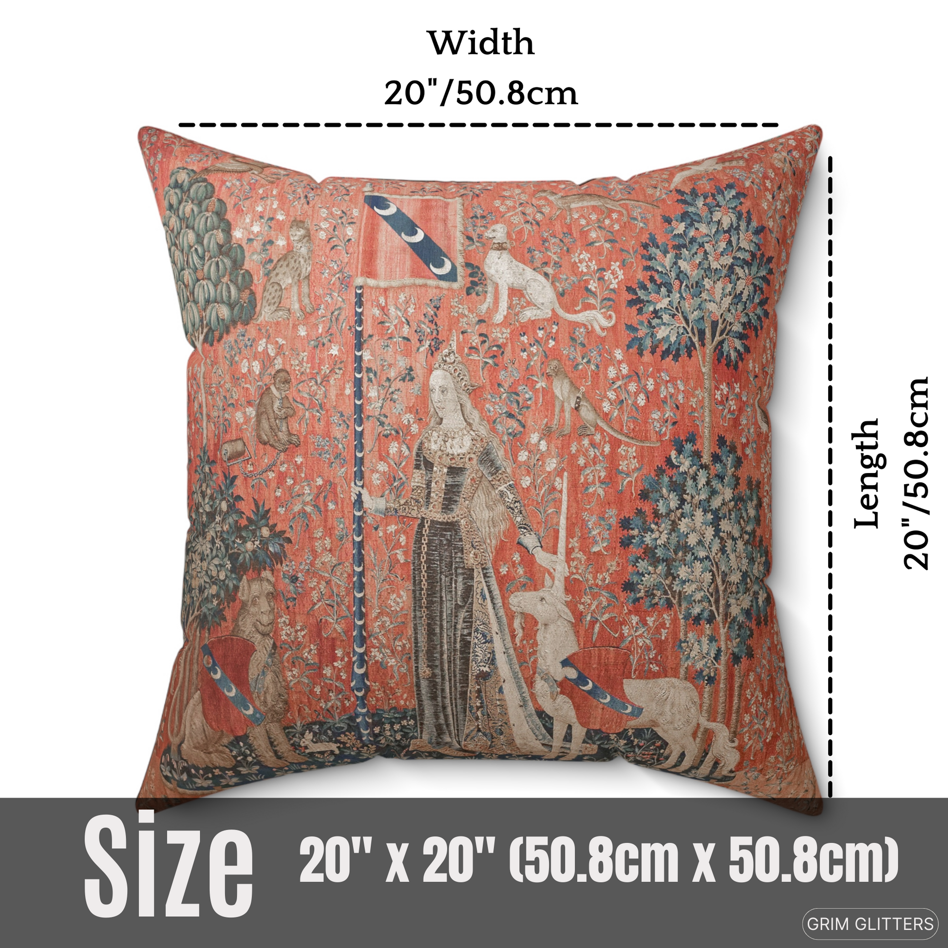 Embrace medieval elegance with The Lady and the Unicorn (Touch) Square Pillow from Grim Glitters. Inspired by the iconic Unicorn Tapestry, this captivating pillow brings historical charm and mystical beauty to any room. Perfect for art lovers and those wh