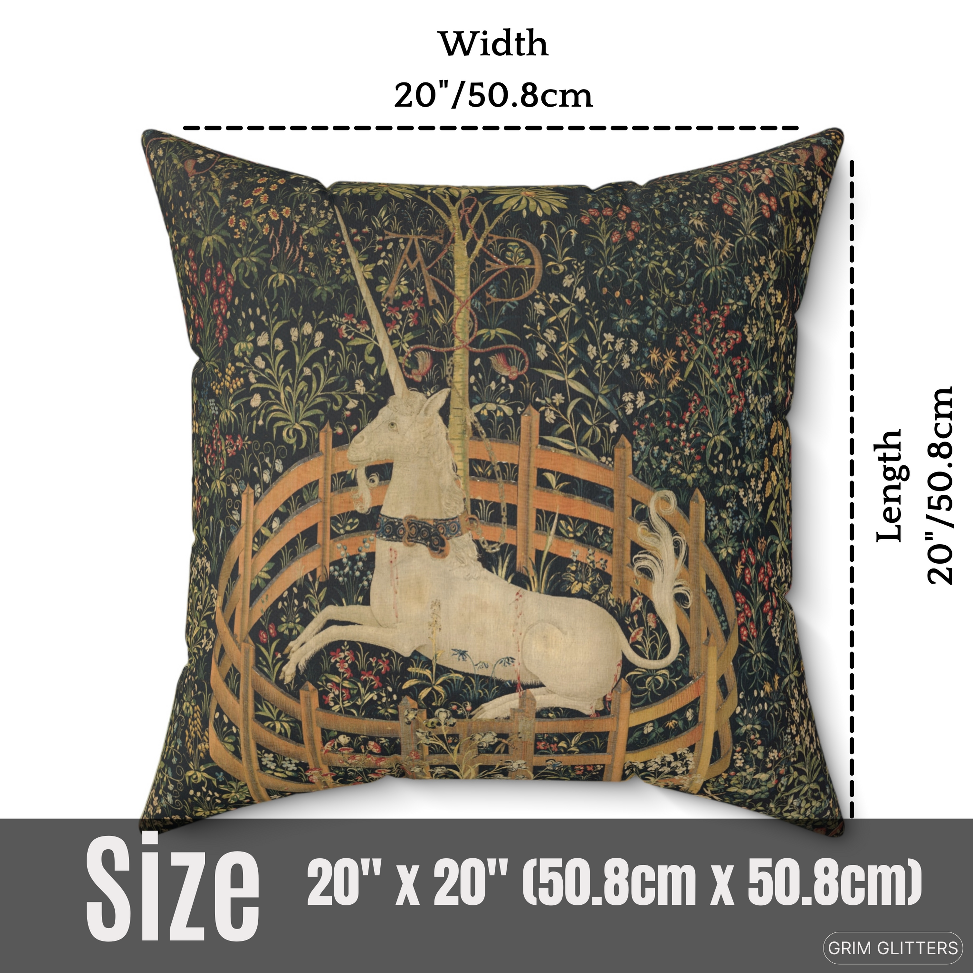 Add medieval charm to your decor with the Unicorn in Captivity Square Pillow from Grim Glitters. This enchanting pillow offers elegance and comfort.