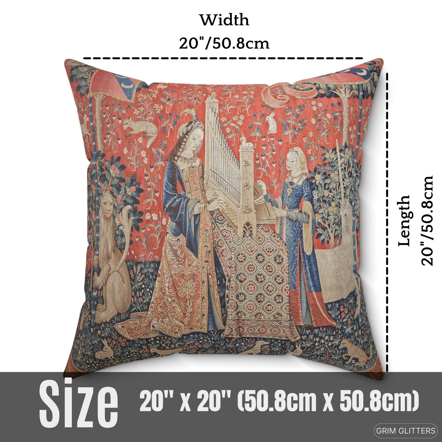 Elevate your decor with the enchanting Lady and the Unicorn (Hearing) Square Pillow from Grim Glitters. Inspired by the iconic Unicorn Tapestry, this pillow brings historical charm and mystical allure to any room. Crafted from eco-friendly materials for p