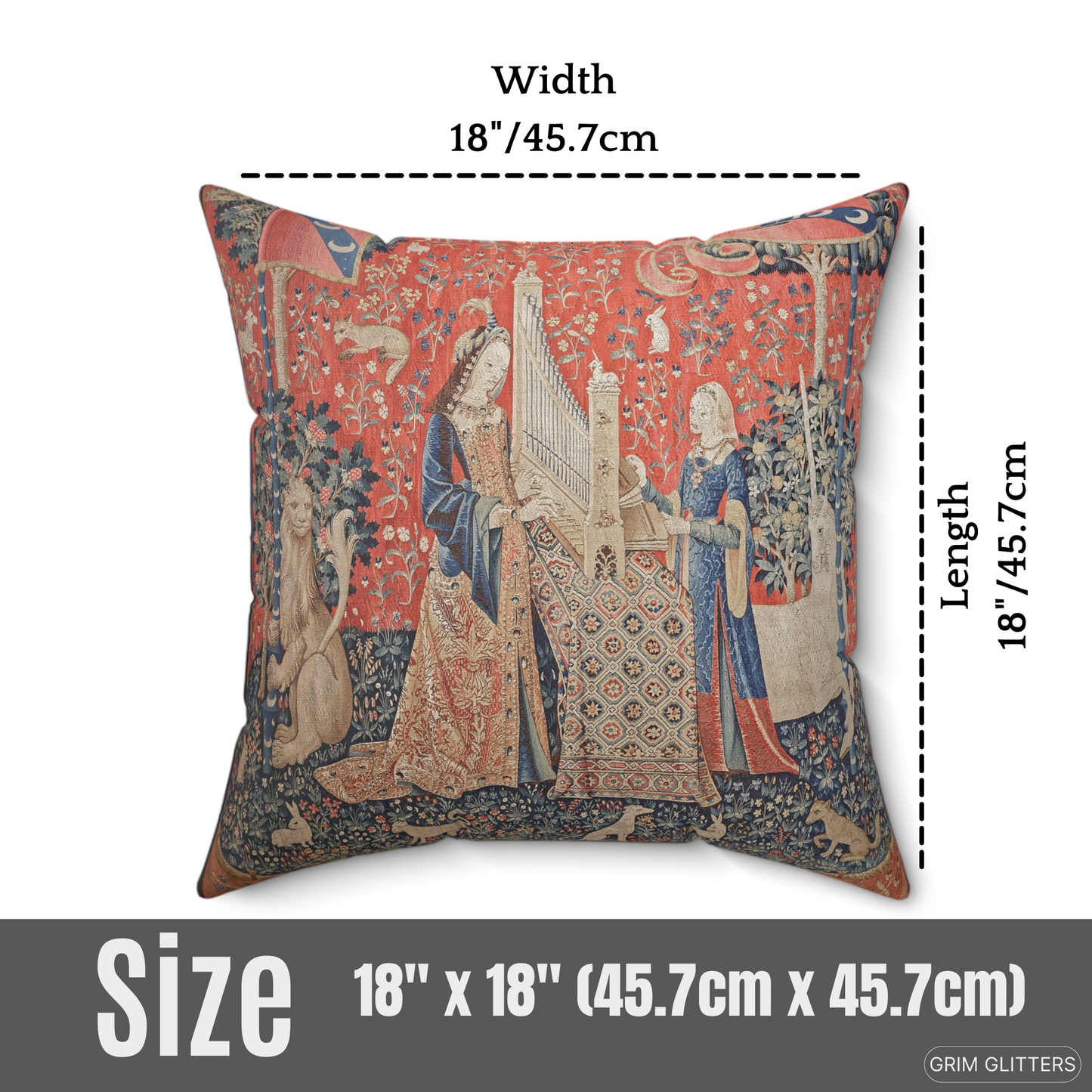 Elevate your decor with the enchanting Lady and the Unicorn (Hearing) Square Pillow from Grim Glitters. Inspired by the iconic Unicorn Tapestry, this pillow brings historical charm and mystical allure to any room. Crafted from eco-friendly materials for p