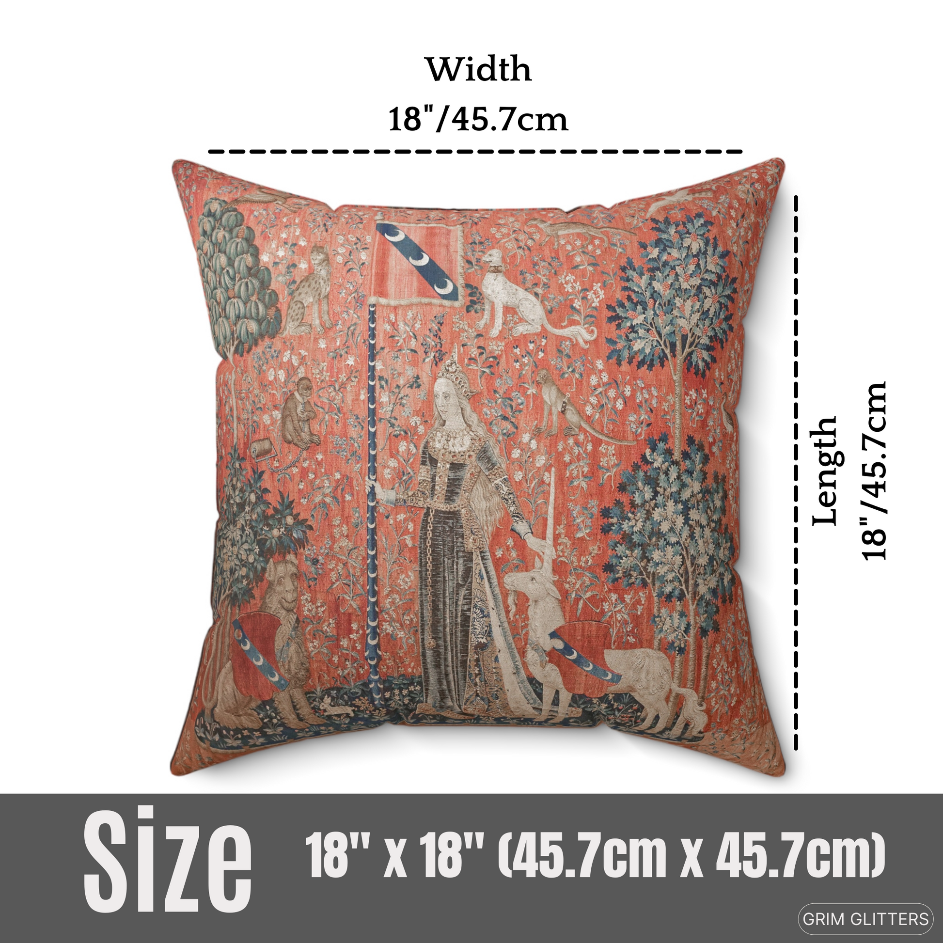 Embrace medieval elegance with The Lady and the Unicorn (Touch) Square Pillow from Grim Glitters. Inspired by the iconic Unicorn Tapestry, this captivating pillow brings historical charm and mystical beauty to any room. Perfect for art lovers and those wh