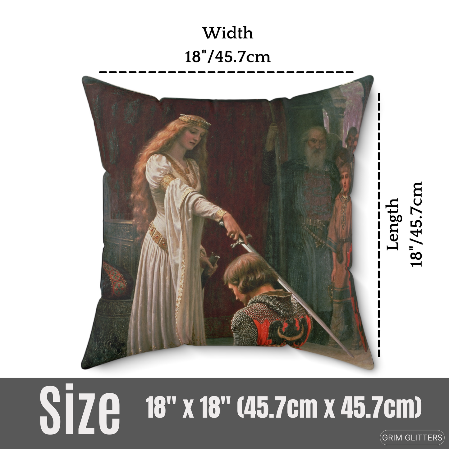 The Accolade Square Pillow featuring Edmund Blair Leighton's painting of a knighting ceremony, size 18x18 inches (45.7x45.7cm).