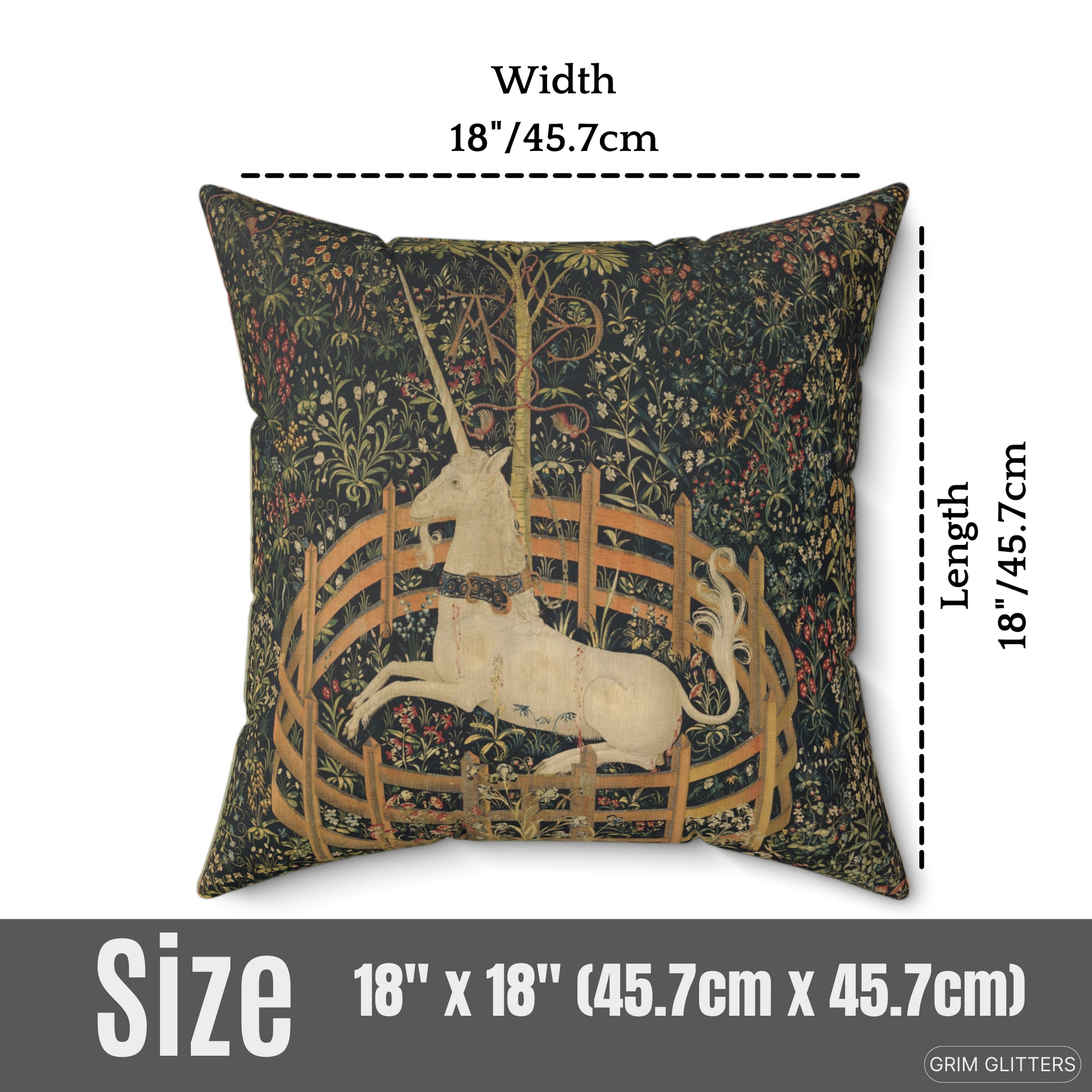 Add medieval charm to your decor with the Unicorn in Captivity Square Pillow from Grim Glitters. This enchanting pillow offers elegance and comfort.