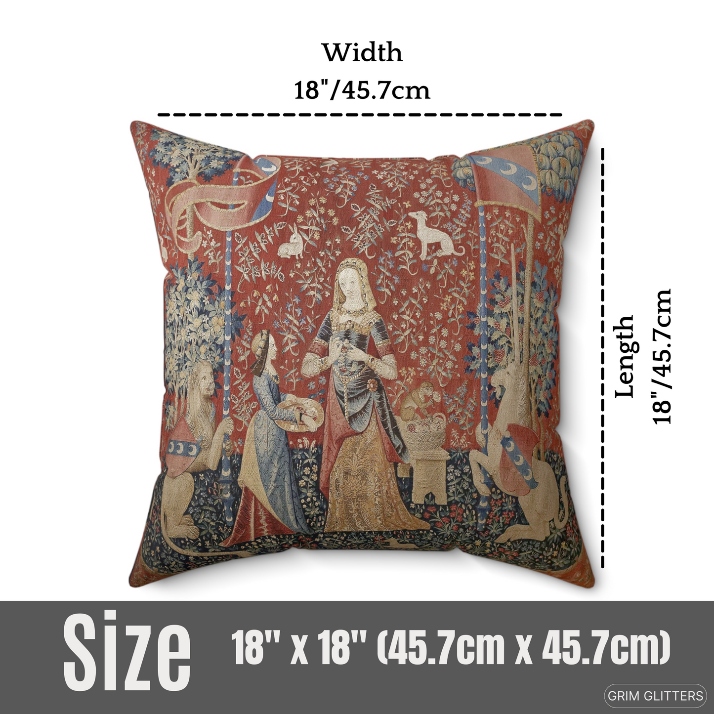 Elevate your home decor with the enchanting Lady and the Unicorn (Smell) Square Pillow from Grim Glitters. Inspired by the iconic Unicorn Tapestry, this pillow brings historical charm and mystical allure to any room, combining detailed medieval art with m