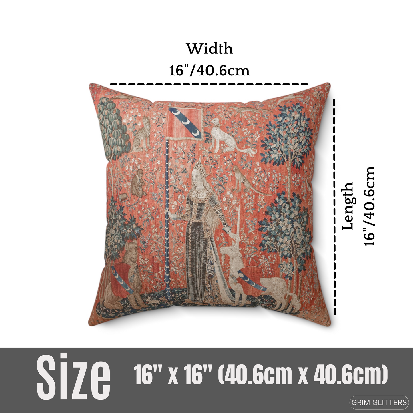 Embrace medieval elegance with The Lady and the Unicorn (Touch) Square Pillow from Grim Glitters. Inspired by the iconic Unicorn Tapestry, this captivating pillow brings historical charm and mystical beauty to any room. Perfect for art lovers and those wh