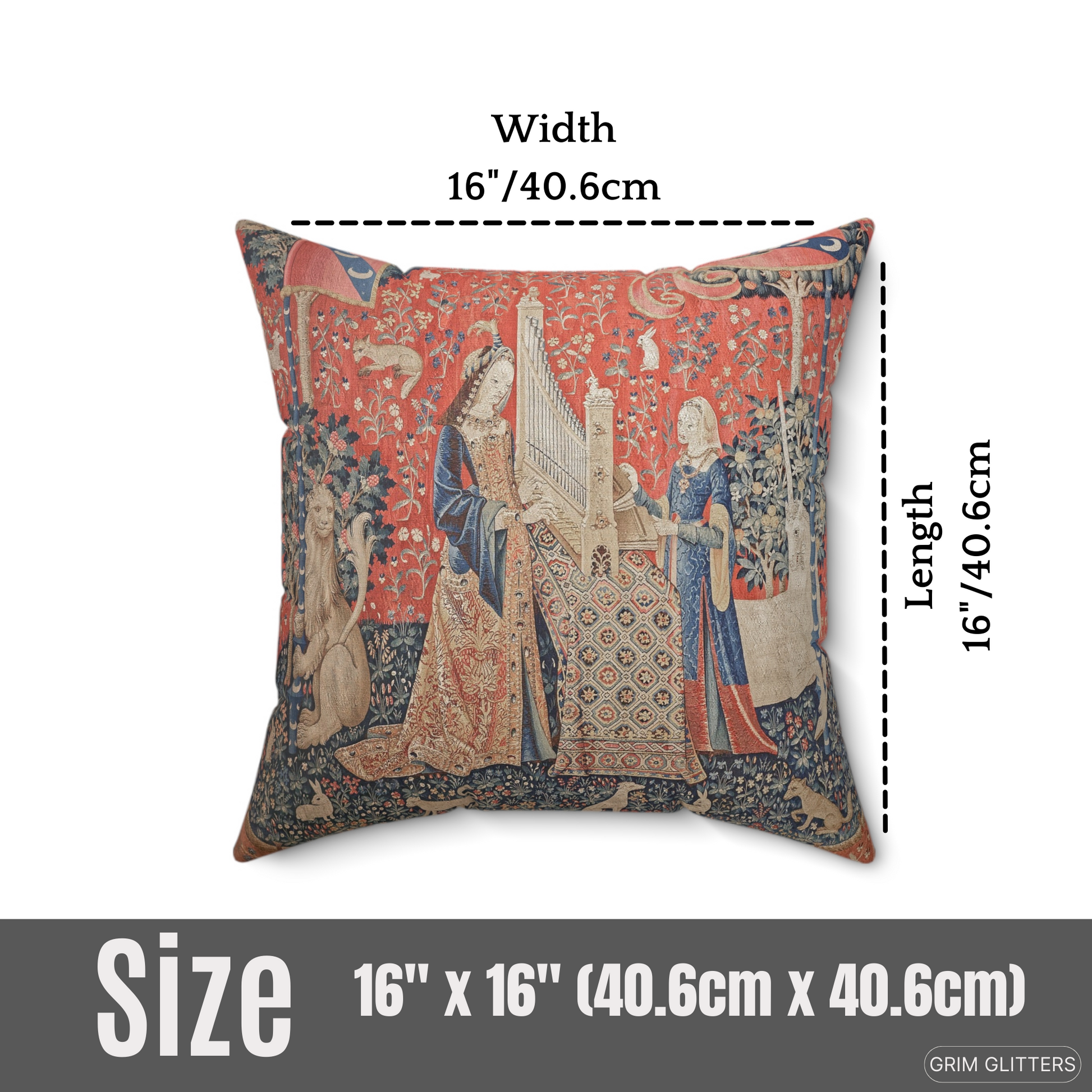 Elevate your decor with the enchanting Lady and the Unicorn (Hearing) Square Pillow from Grim Glitters. Inspired by the iconic Unicorn Tapestry, this pillow brings historical charm and mystical allure to any room. Crafted from eco-friendly materials for p