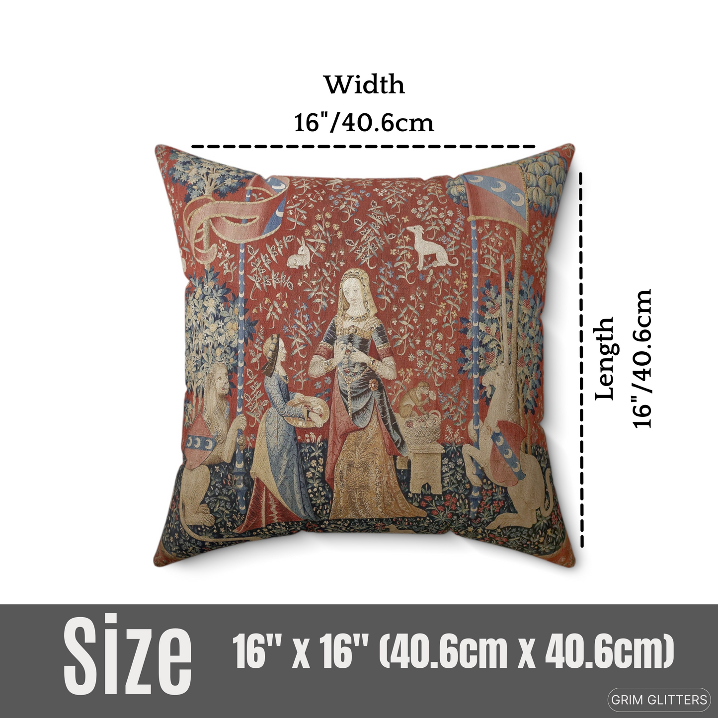 Elevate your home decor with the enchanting Lady and the Unicorn (Smell) Square Pillow from Grim Glitters. Inspired by the iconic Unicorn Tapestry, this pillow brings historical charm and mystical allure to any room, combining detailed medieval art with m