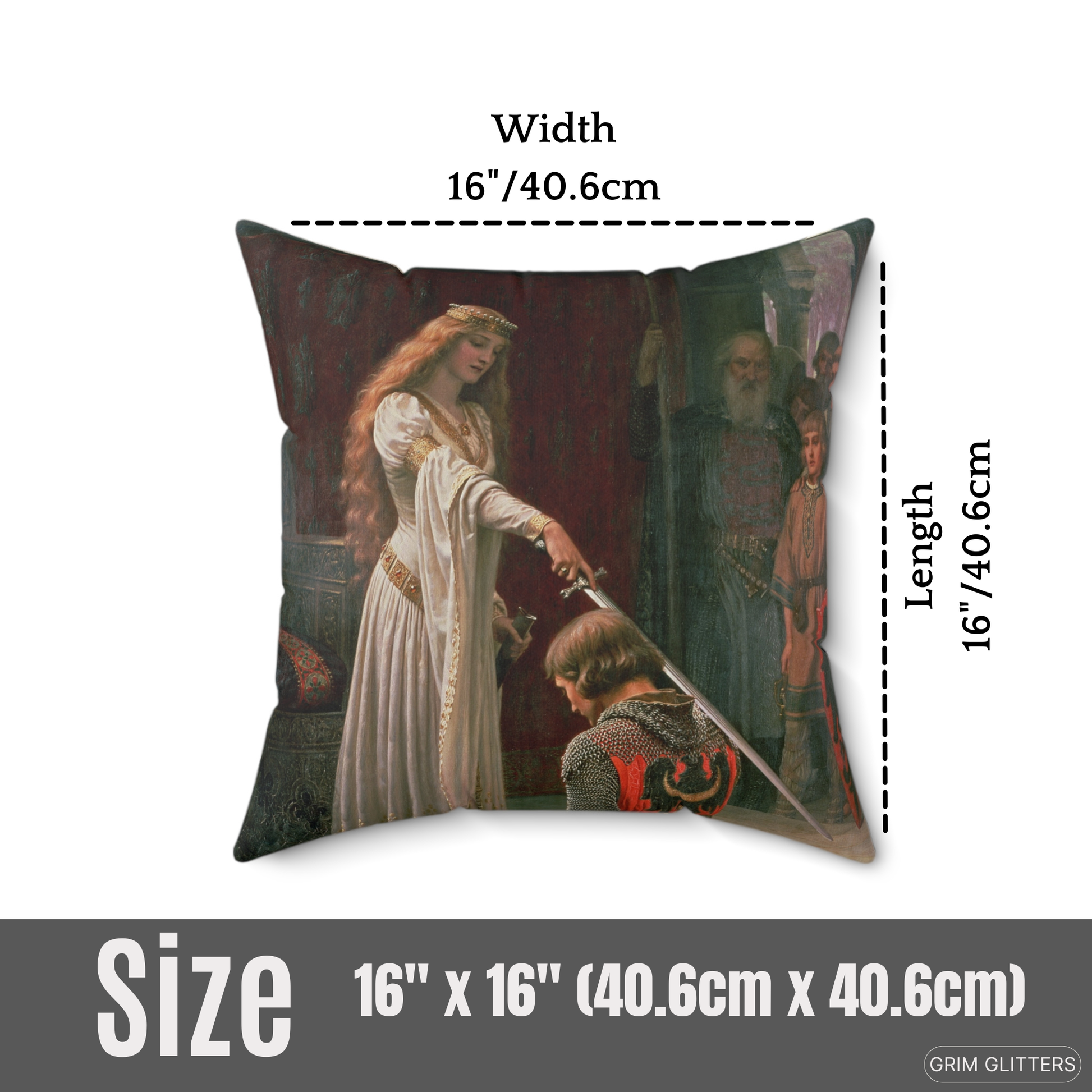 The Accolade Square Pillow featuring Edmund Blair Leighton's knighting painting, 16x16 inches, romantic elegance for home decor