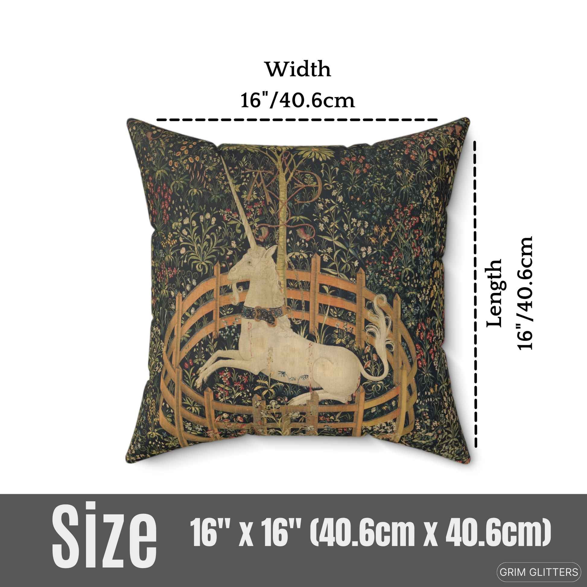 Add medieval charm to your decor with the Unicorn in Captivity Square Pillow from Grim Glitters. This enchanting pillow offers elegance and comfort.