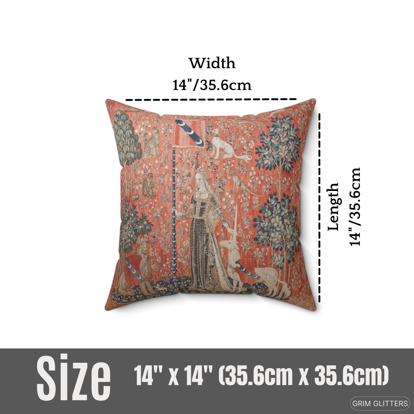 Embrace medieval elegance with The Lady and the Unicorn (Touch) Square Pillow from Grim Glitters. Inspired by the iconic Unicorn Tapestry, this captivating pillow brings historical charm and mystical beauty to any room. Perfect for art lovers and those wh