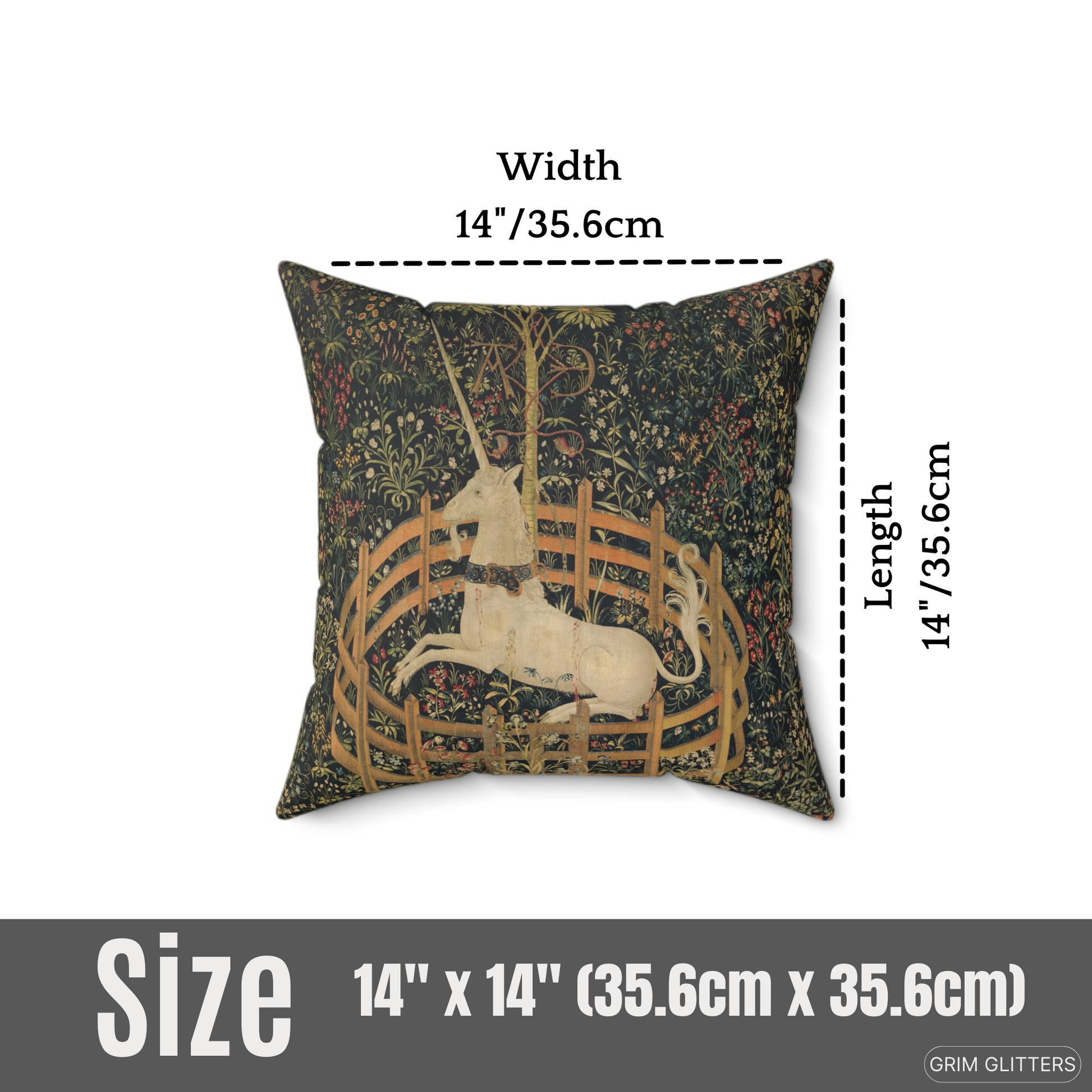 Add medieval charm to your decor with the Unicorn in Captivity Square Pillow from Grim Glitters. This enchanting pillow offers elegance and comfort.