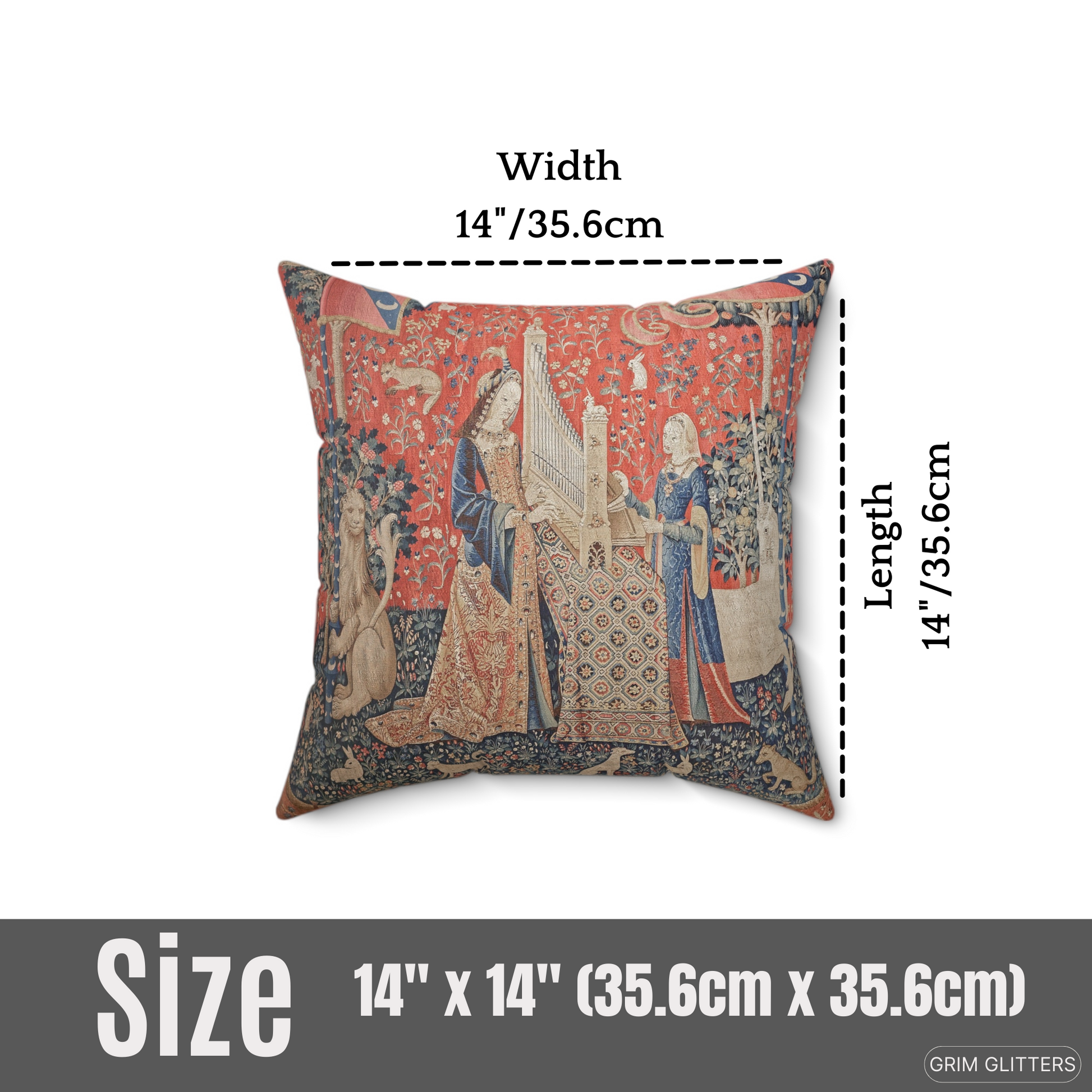 Elevate your decor with the enchanting Lady and the Unicorn (Hearing) Square Pillow from Grim Glitters. Inspired by the iconic Unicorn Tapestry, this pillow brings historical charm and mystical allure to any room. Crafted from eco-friendly materials for p