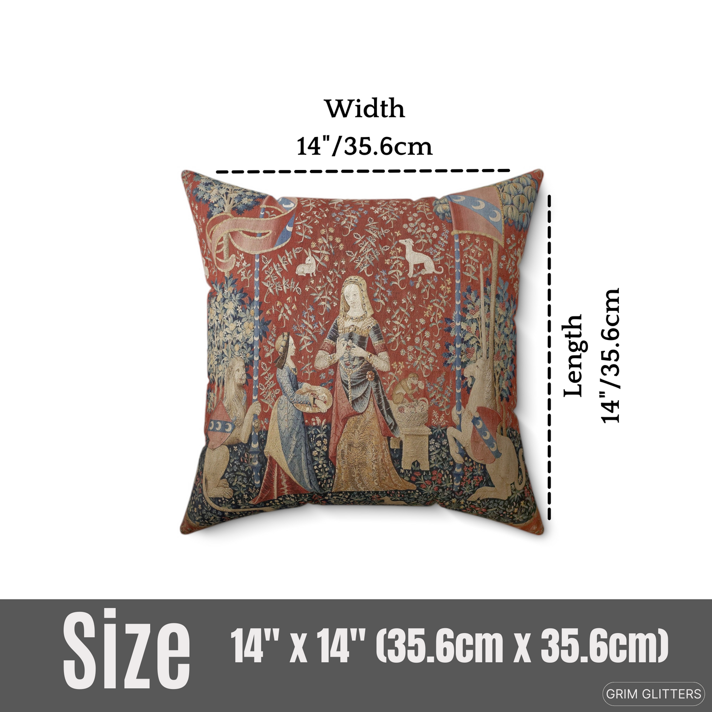 Elevate your home decor with the enchanting Lady and the Unicorn (Smell) Square Pillow from Grim Glitters. Inspired by the iconic Unicorn Tapestry, this pillow brings historical charm and mystical allure to any room, combining detailed medieval art with m