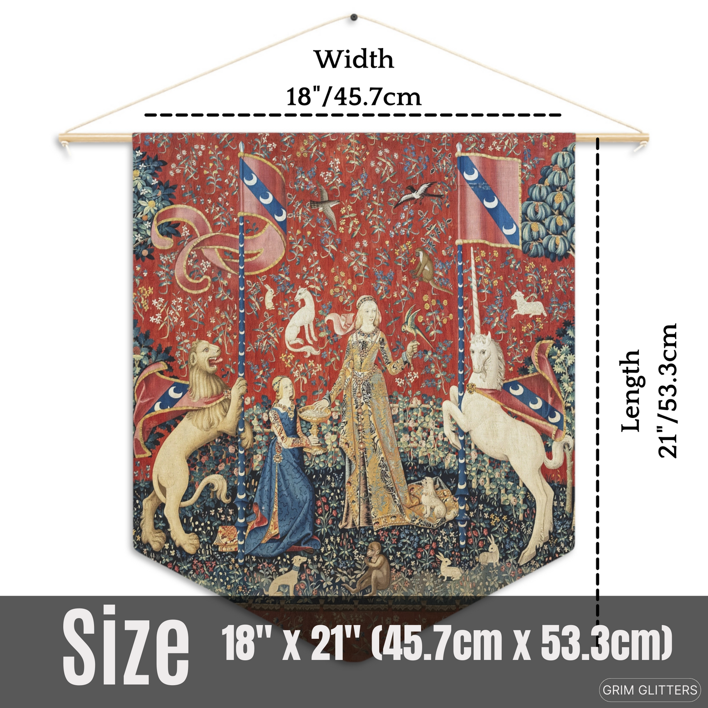 Step into the enchanting world of medieval art with The Lady and the Unicorn (Taste) Pennant Banner from Grim Glitters. This exquisite banner captures the essence of mystery and magic, perfect for adding a touch of historical charm to any space.