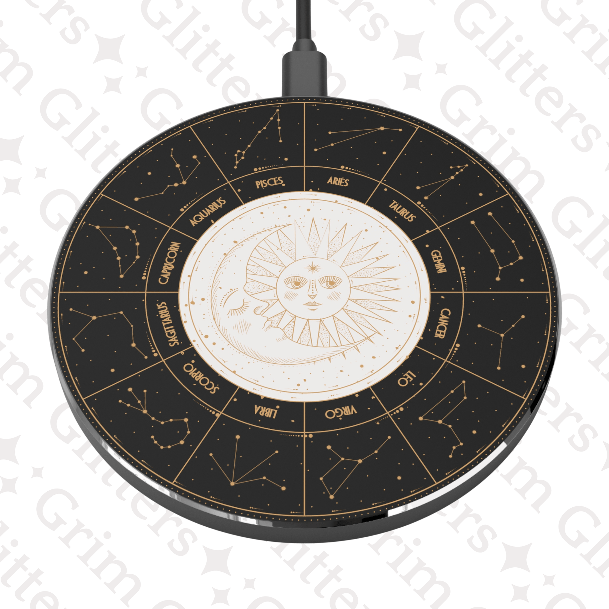 Astrology Zodiac Signs Wireless Charger - Sun and Moon Illustration - Qi Charging - Grim GlittersWireless ChargersRoundOne size