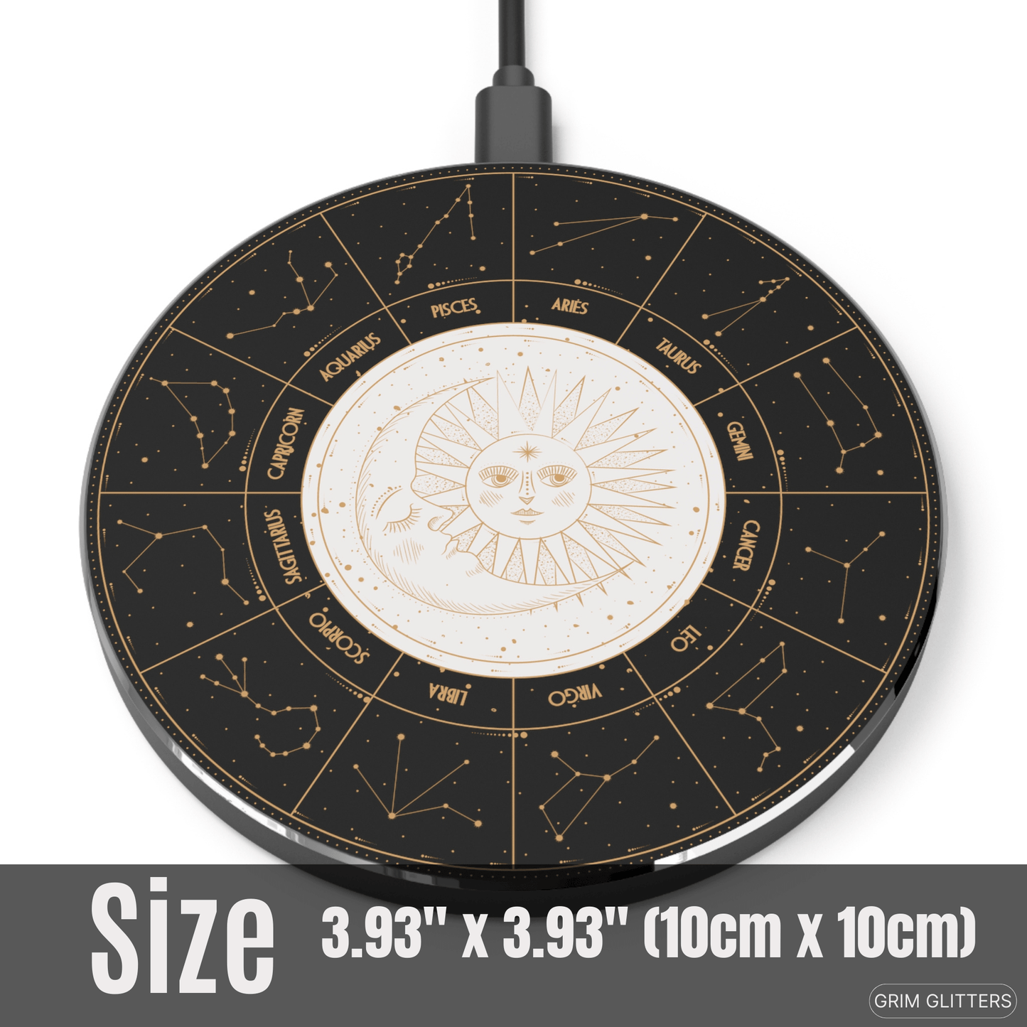 Astrology Zodiac Signs Wireless Charger - Sun and Moon Illustration - Qi Charging - Grim GlittersWireless ChargersRoundOne size